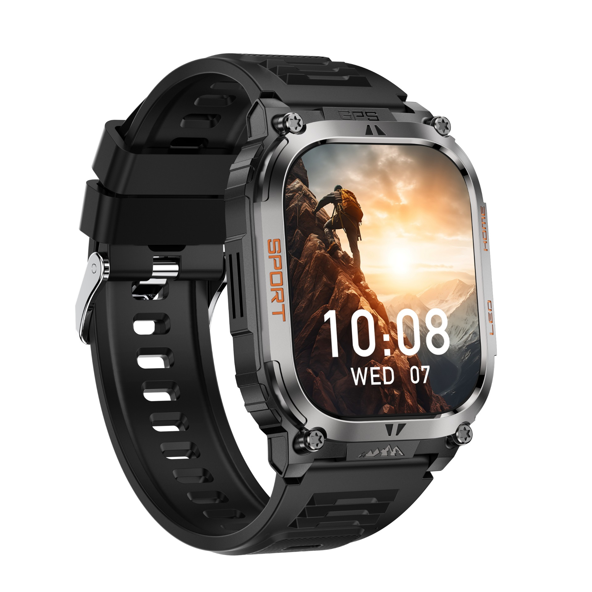 Schwarze Smartwatch mit Bergsteiger-Display und schwarzem Armband.