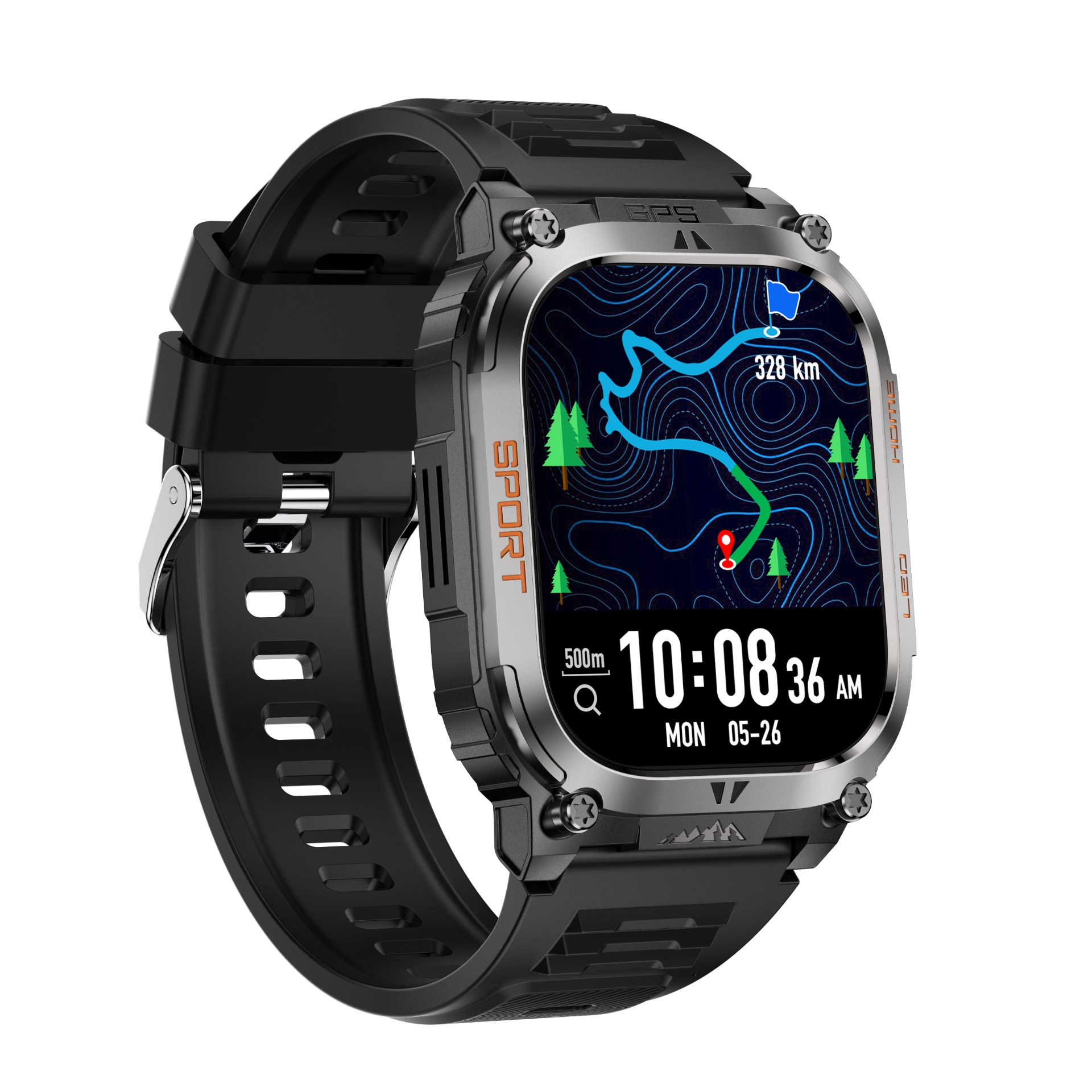 Robuste Smartwatch mit Kartenansicht, Zeit und Datum. Schwarzes Armband.