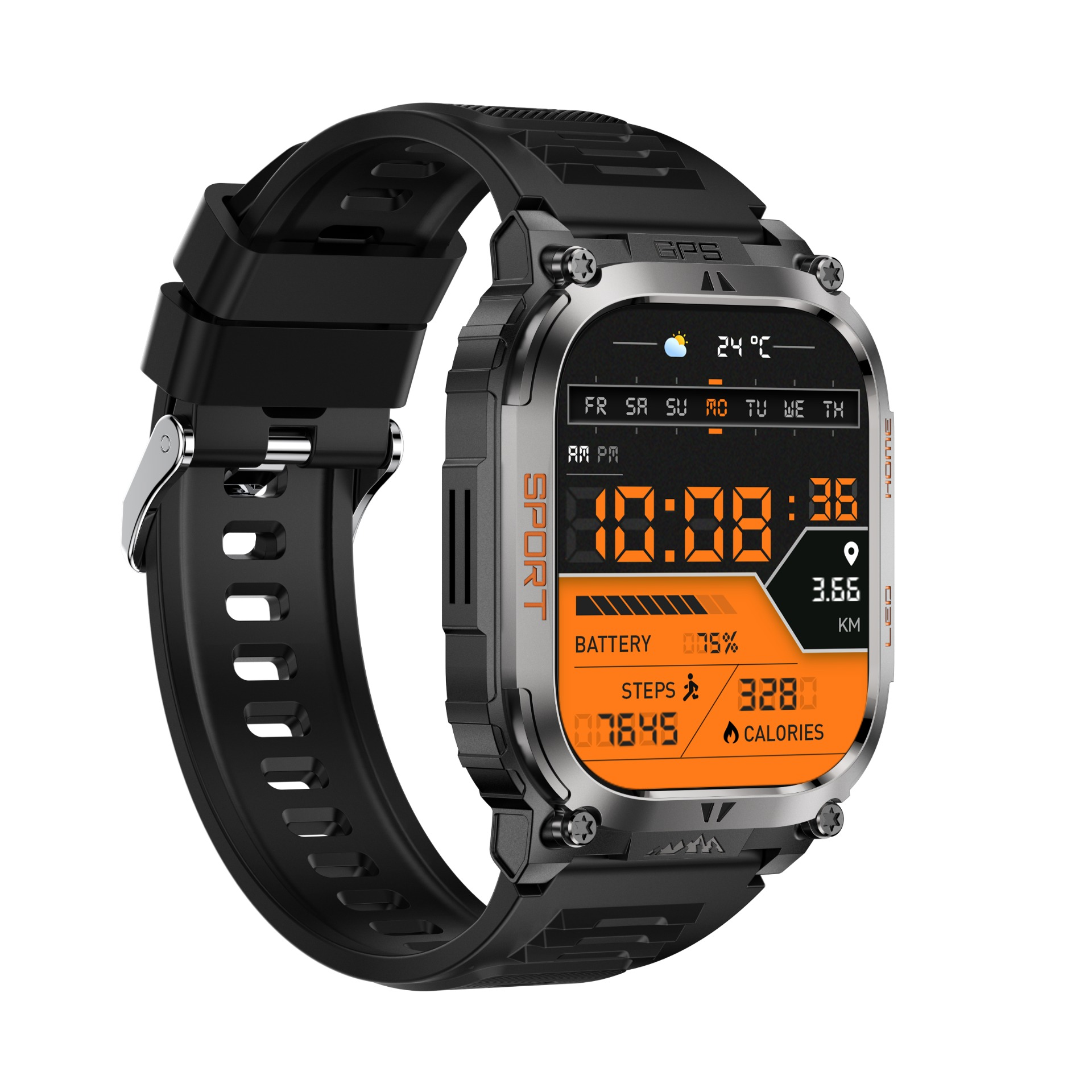 Schwarzes Smartwatch mit orangefarbenem Display, zeigt Zeit, Datum, Schritte und Kalorien.