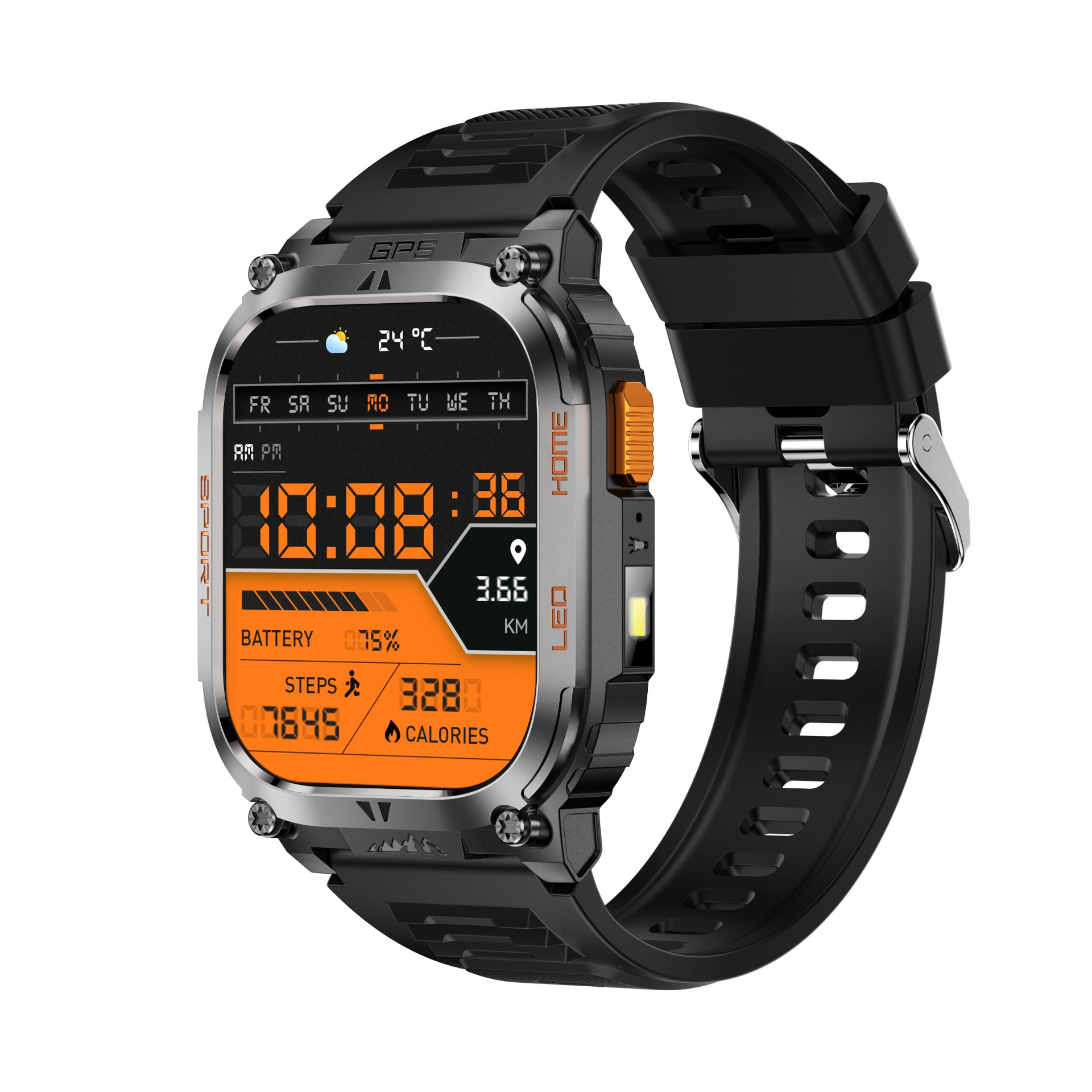 Eine schwarze Smartwatch mit silbernem Gehäuse und orangefarbenen Akzenten.