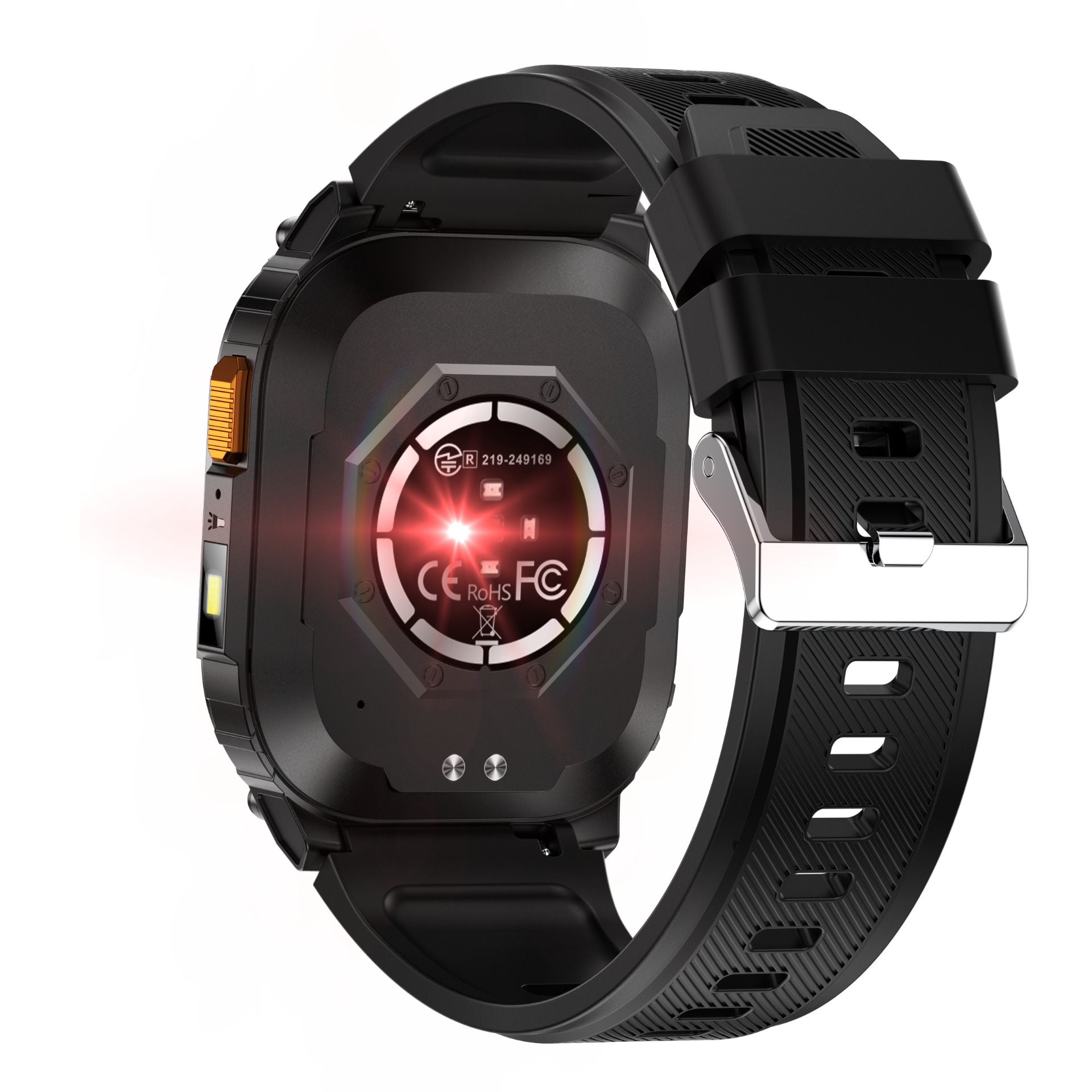 Schwarze Smartwatch mit Metallschließe und orangefarbenem Knopf. Nahaufnahme der Rückseite.