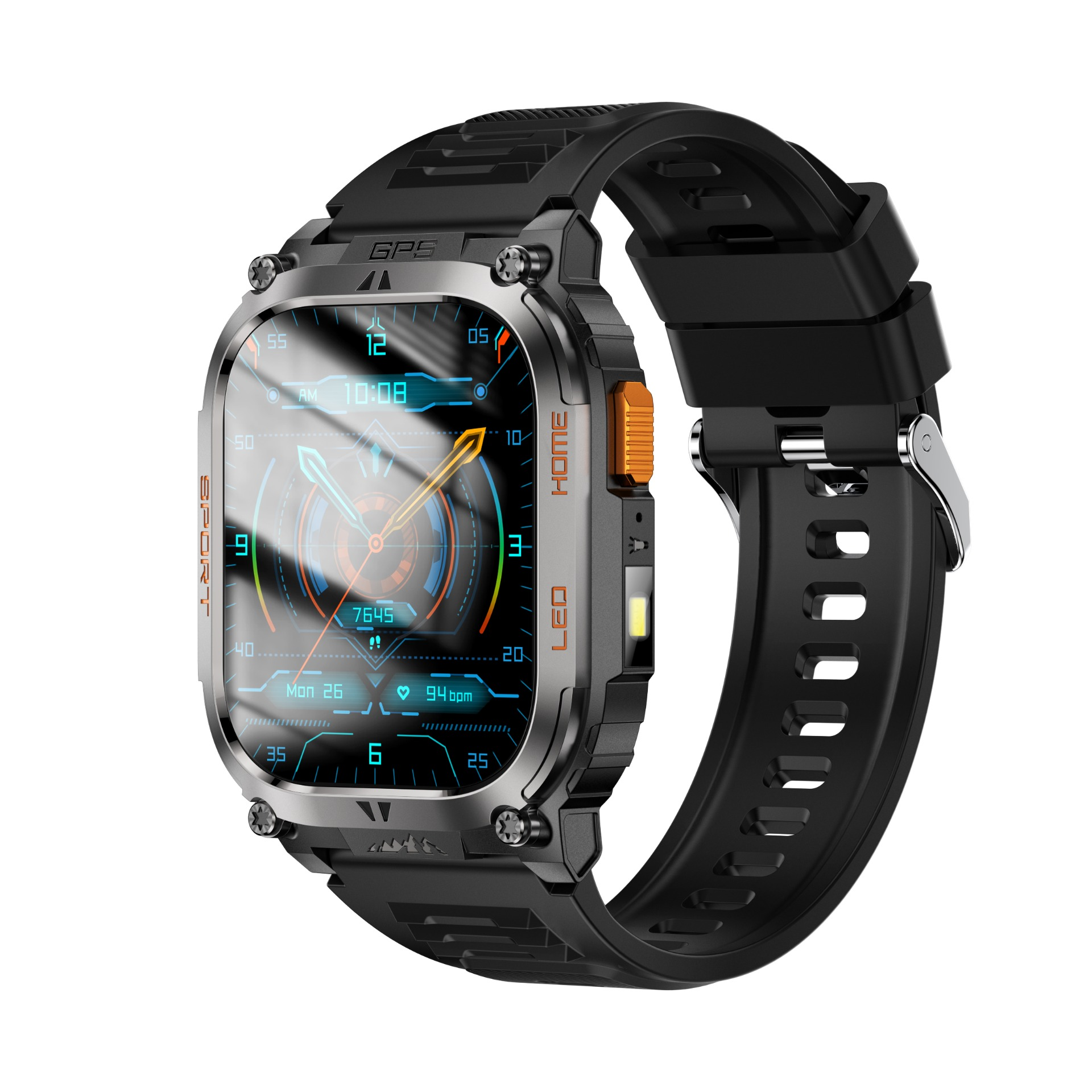 Eine schwarze Smartwatch mit silbernem Gehäuse und digitalem Display. Sie zeigt 10:08 Uhr.