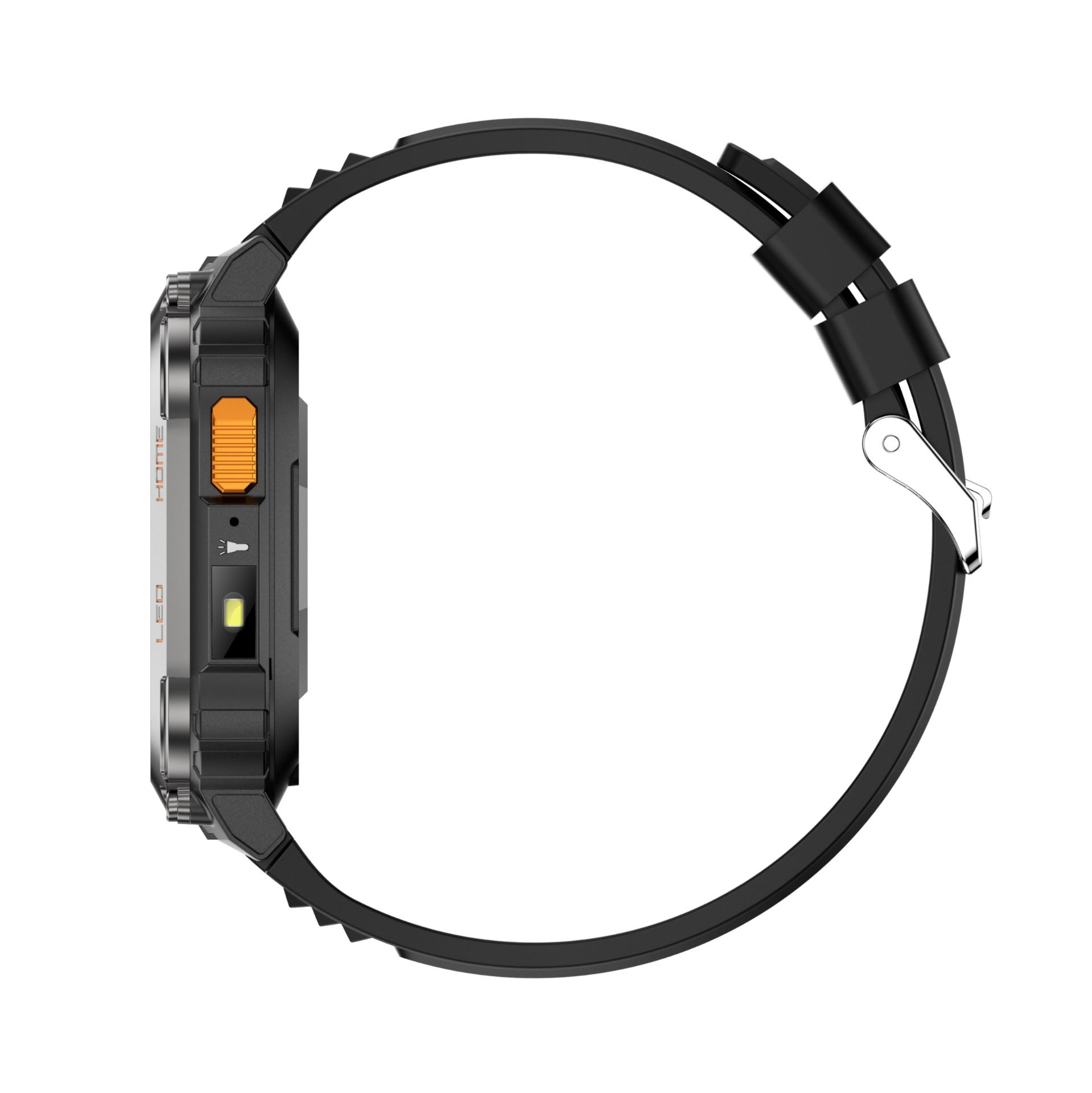 Schwarzes Smartwatch-Armband mit silberner Schnalle und orangefarbenem Knopf.
