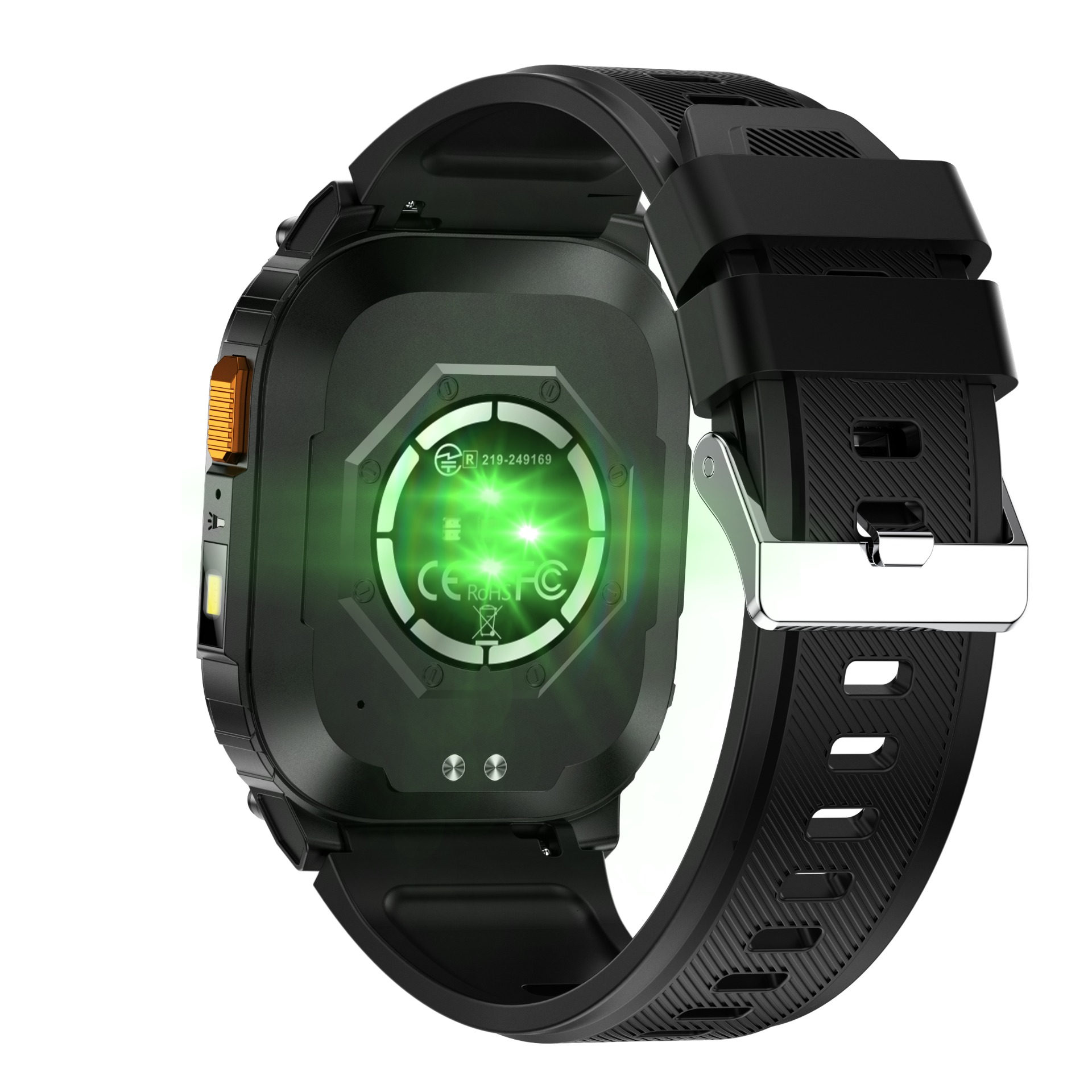 Rückseite einer schwarzen Smartwatch mit grünen Lichtern und Metallschnalle.