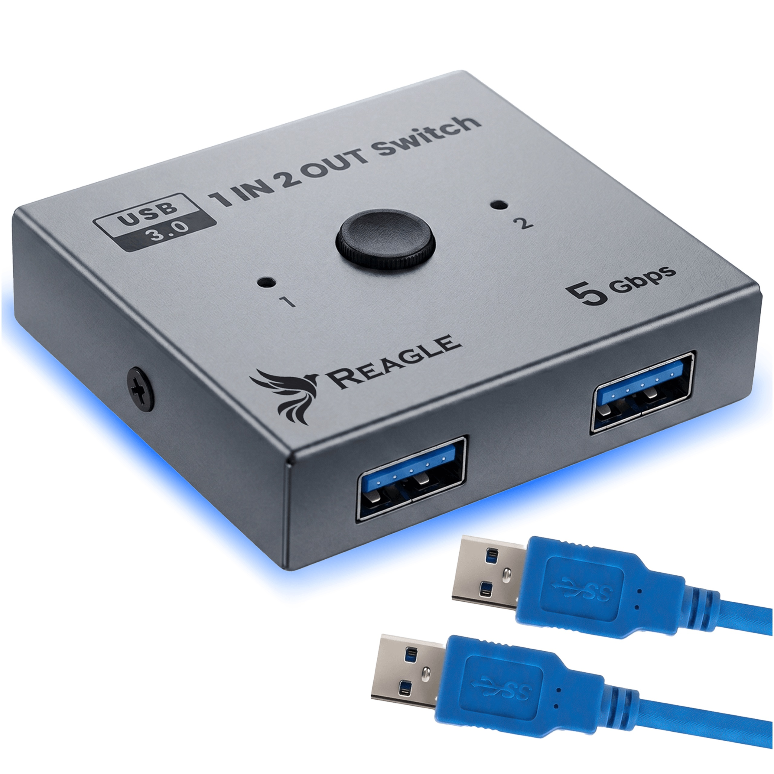 Szary przełącznik USB 3.0 z dwoma niebieskimi kablami USB.