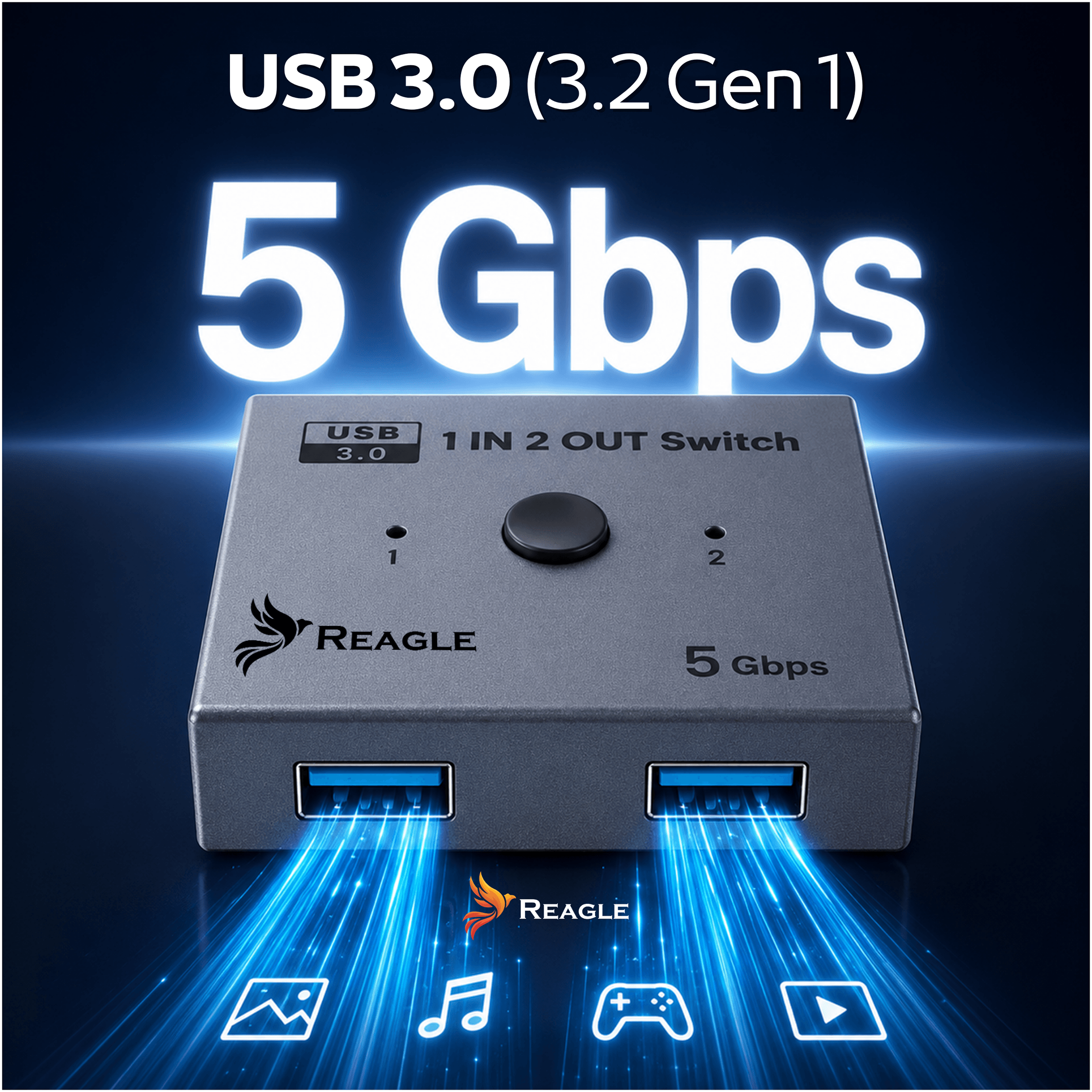 Szary przełącznik USB 3.0 1-wejście 2-wyjścia z logo Reagle, prędkość 5 Gbps.