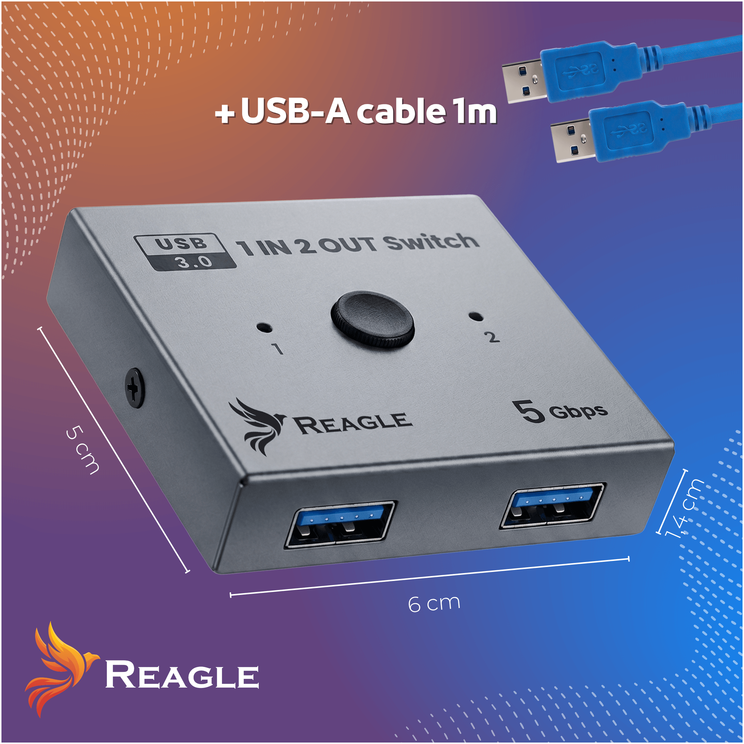 Szary przełącznik USB 3.0 1-wejście-2-wyjścia (6x5x1,4cm), 2 porty, kabel.