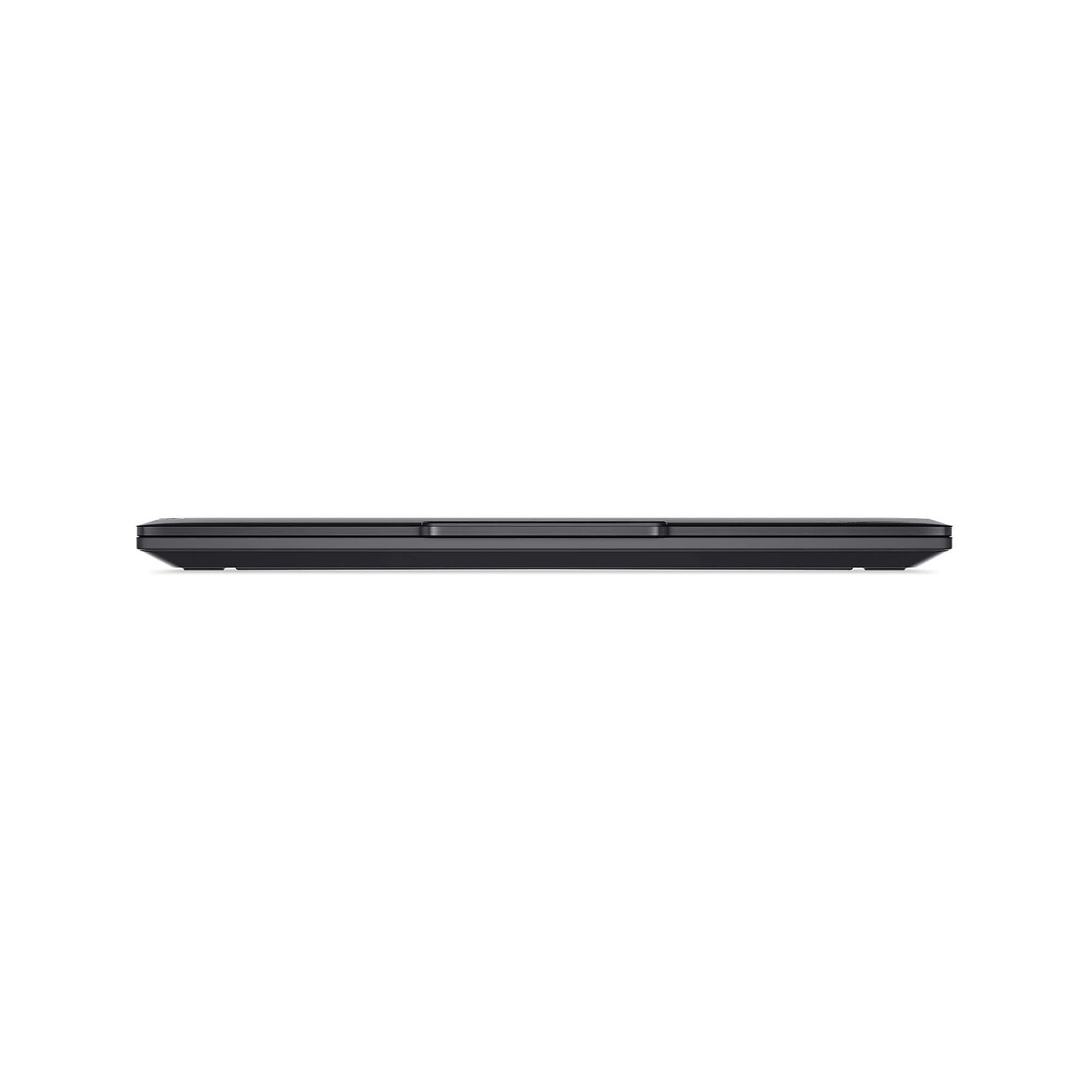 Un laptop nero chiuso visto di lato su sfondo bianco.