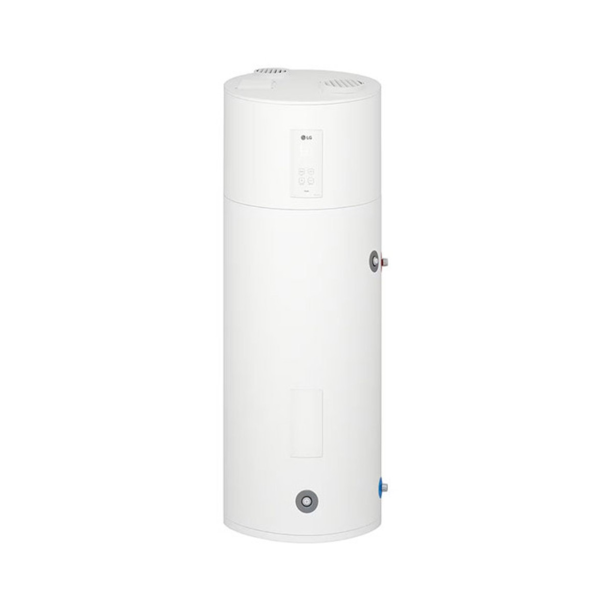 Scaldacqua LG bianco e cilindrico con pannello di controllo e connessioni.