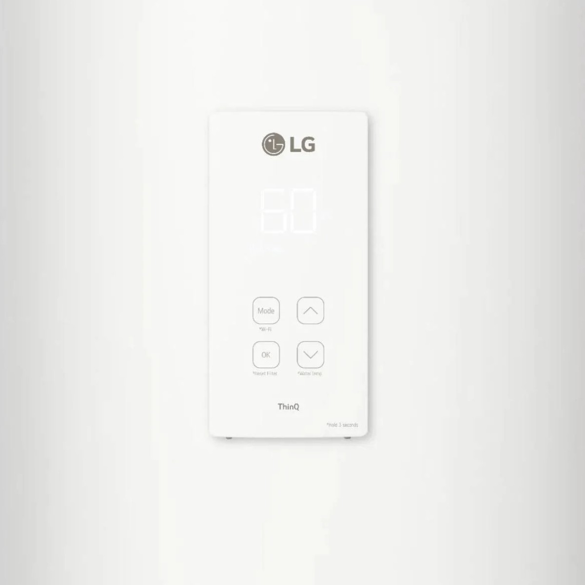 Pannello di controllo LG con display digitale '60', pulsanti Mode, OK, freccia e Wi-Fi.