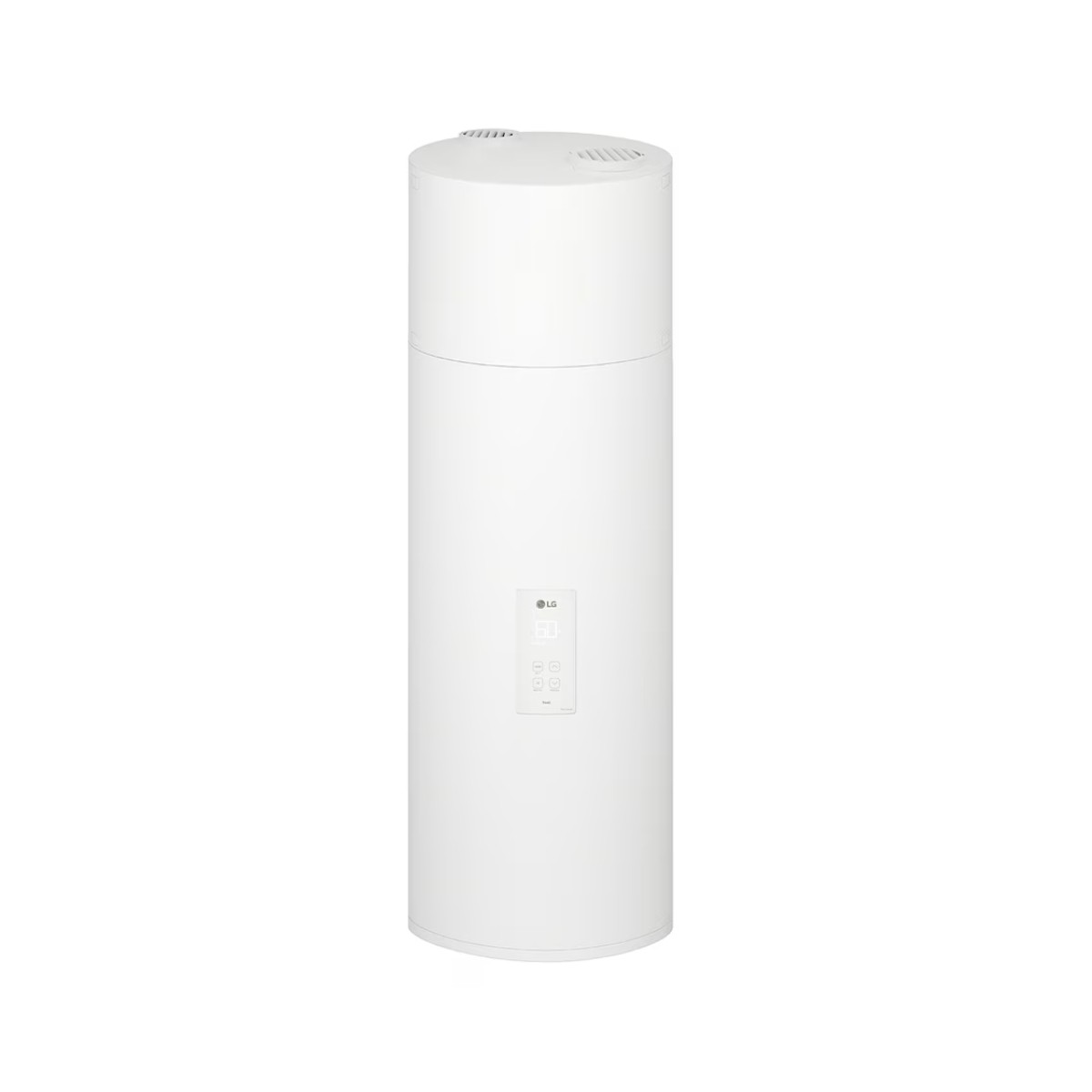 Un purificatore d'aria LG bianco e cilindrico con pannello di controllo e prese d'aria.