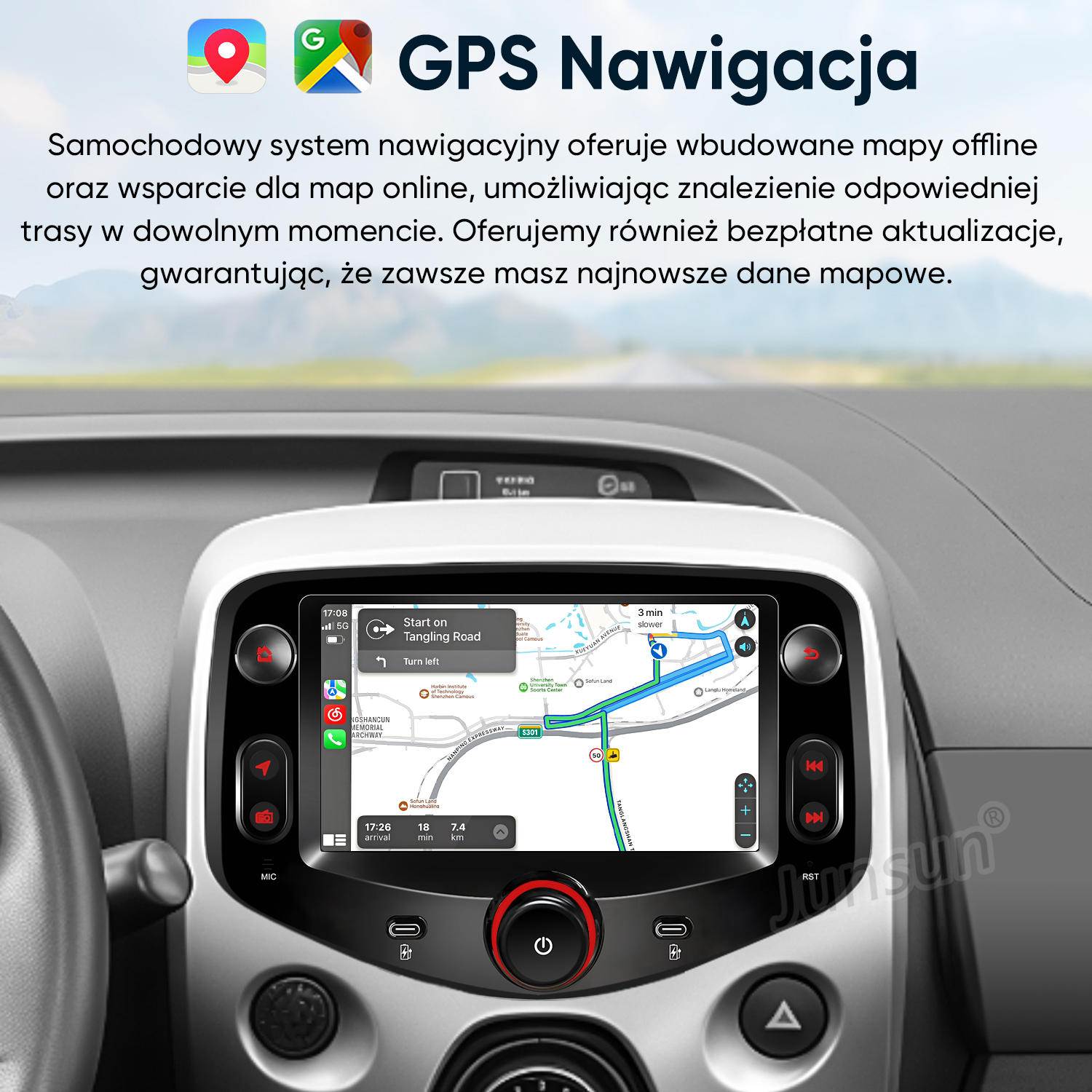 System nawigacji samochodowej z mapami offline i online wyświetla trasę.