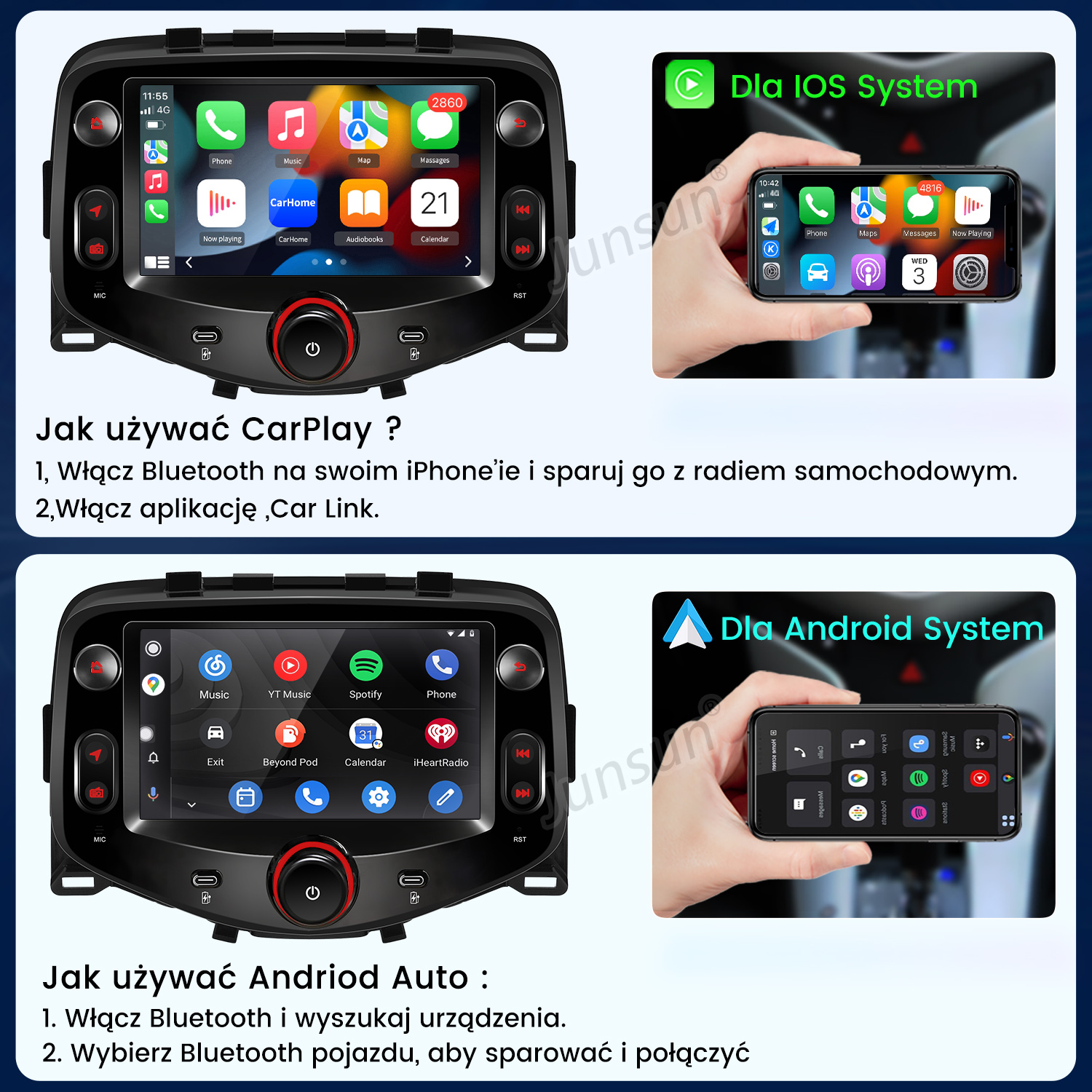 Ekran samochodu z interfejsami CarPlay i Android Auto.