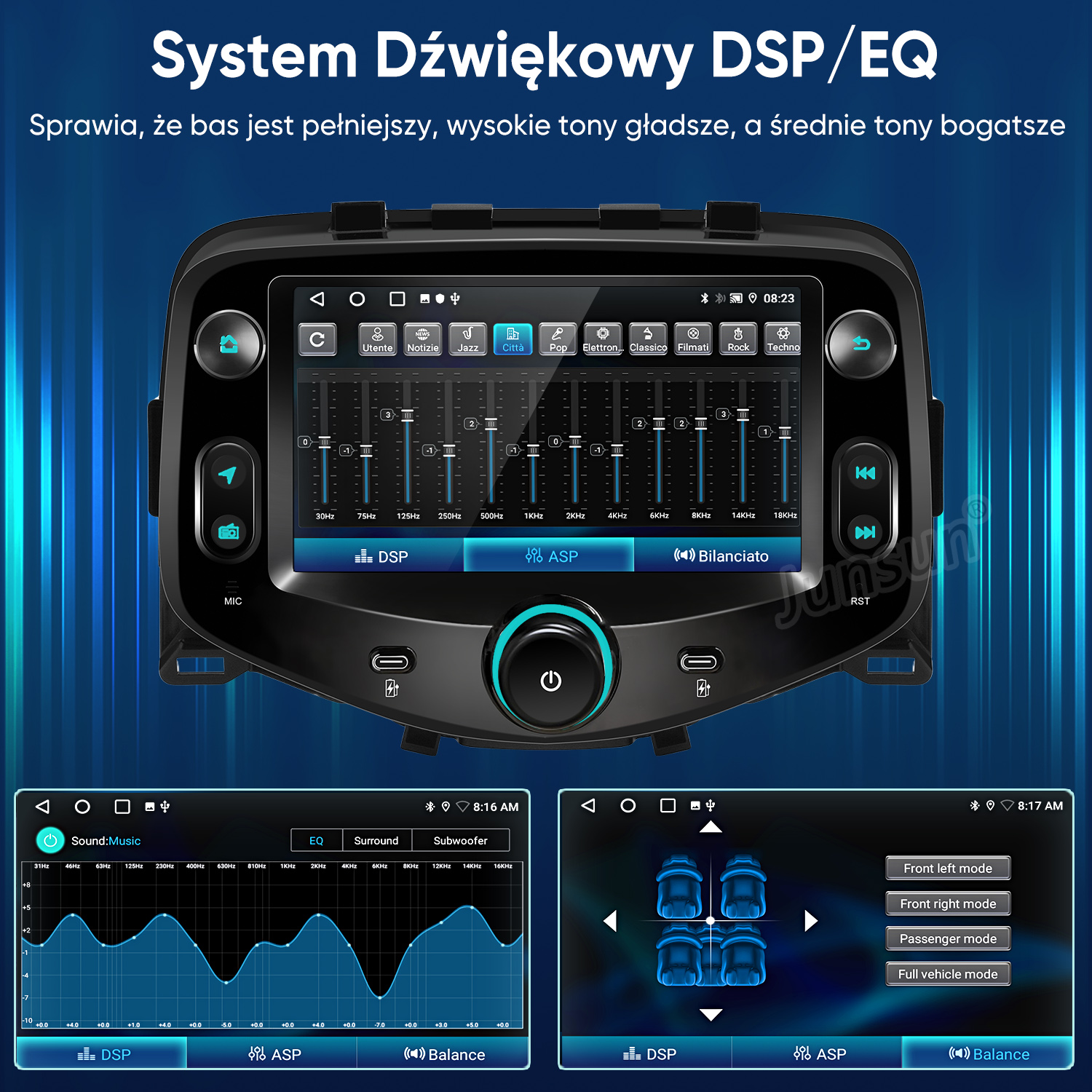 Ekran radia samochodowego pokazujący ustawienia equalizera i opcje trybu audio.