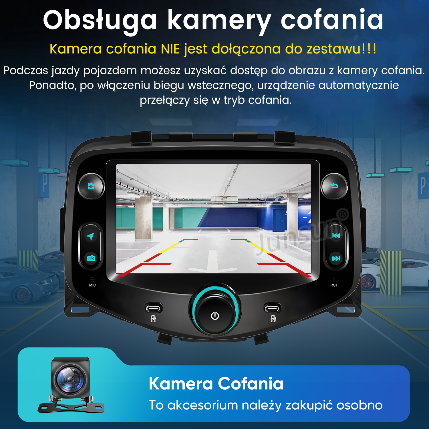 Radio samochodowe wyświetla widok kamery cofania. Osobna kamera na zdjęciu. Nie w zestawie.