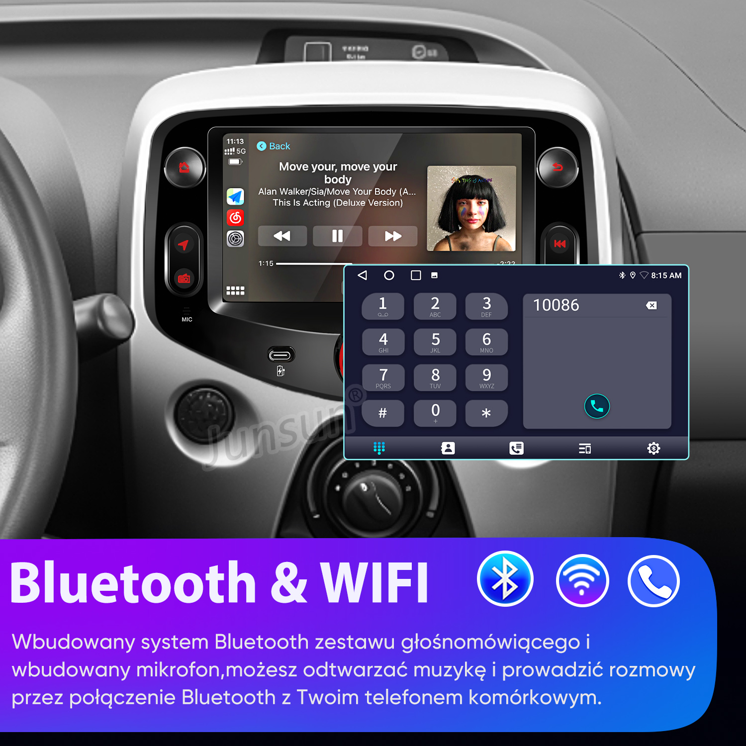 Samochodowy system infotainment z odtwarzaniem muzyki i klawiaturą.