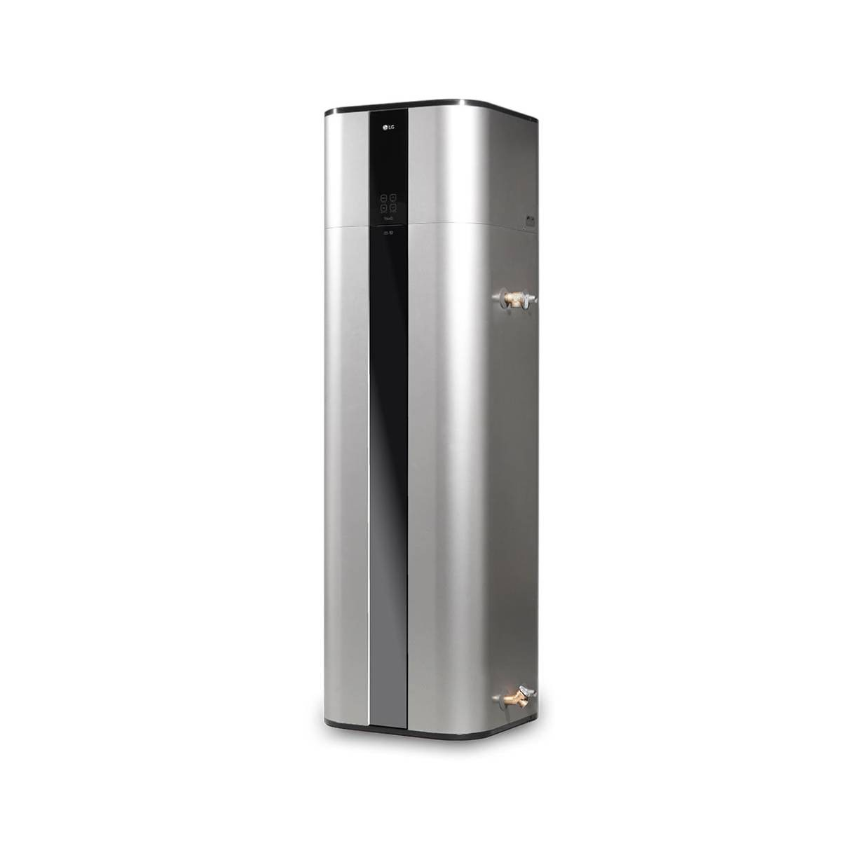 Una pompa di calore LG alta e argentata con pannello verticale nero e display digitale.