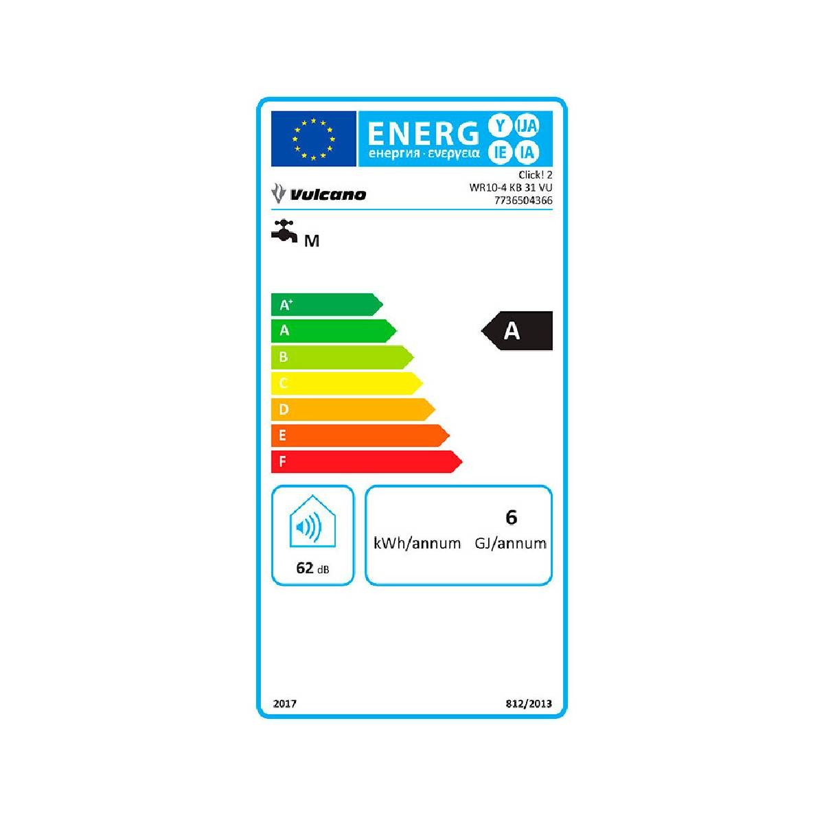 Etichetta energia Vulcano classe A, 62 dB, 6 kWh/anno.