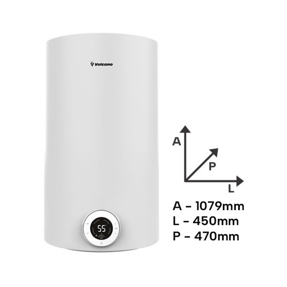 Scaldabagno bianco con logo Vulcano e display digitale 55.
