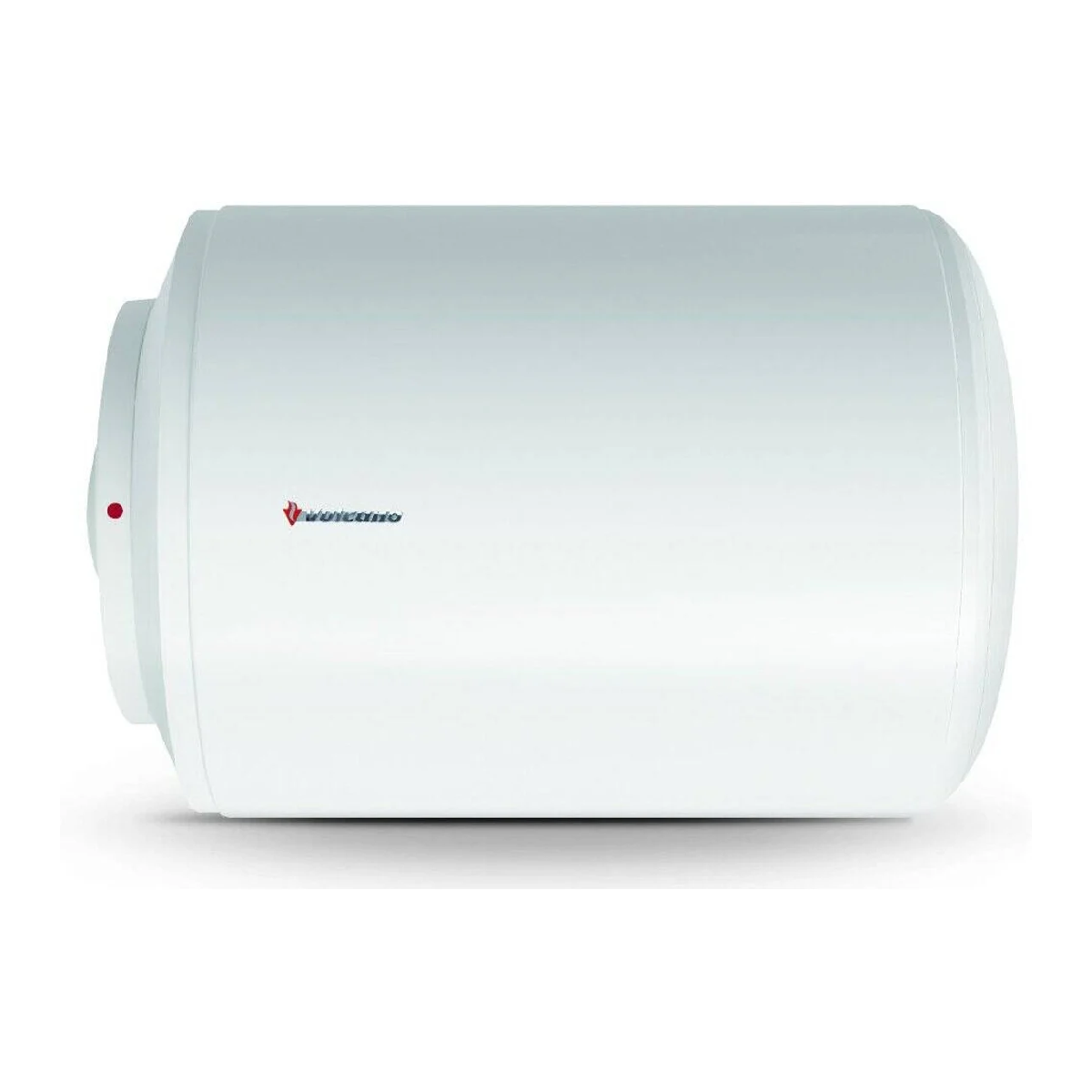 Scaldabagno bianco e cilindrico con punto rosso e logo.