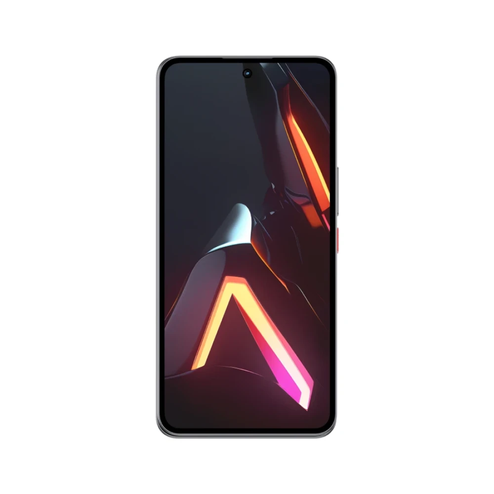Uno smartphone con uno sfondo scuro e forme geometriche luminose.