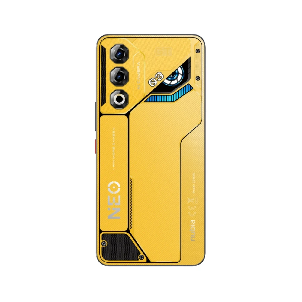 Smartphone giallo con tre fotocamere e un occhio stilizzato.