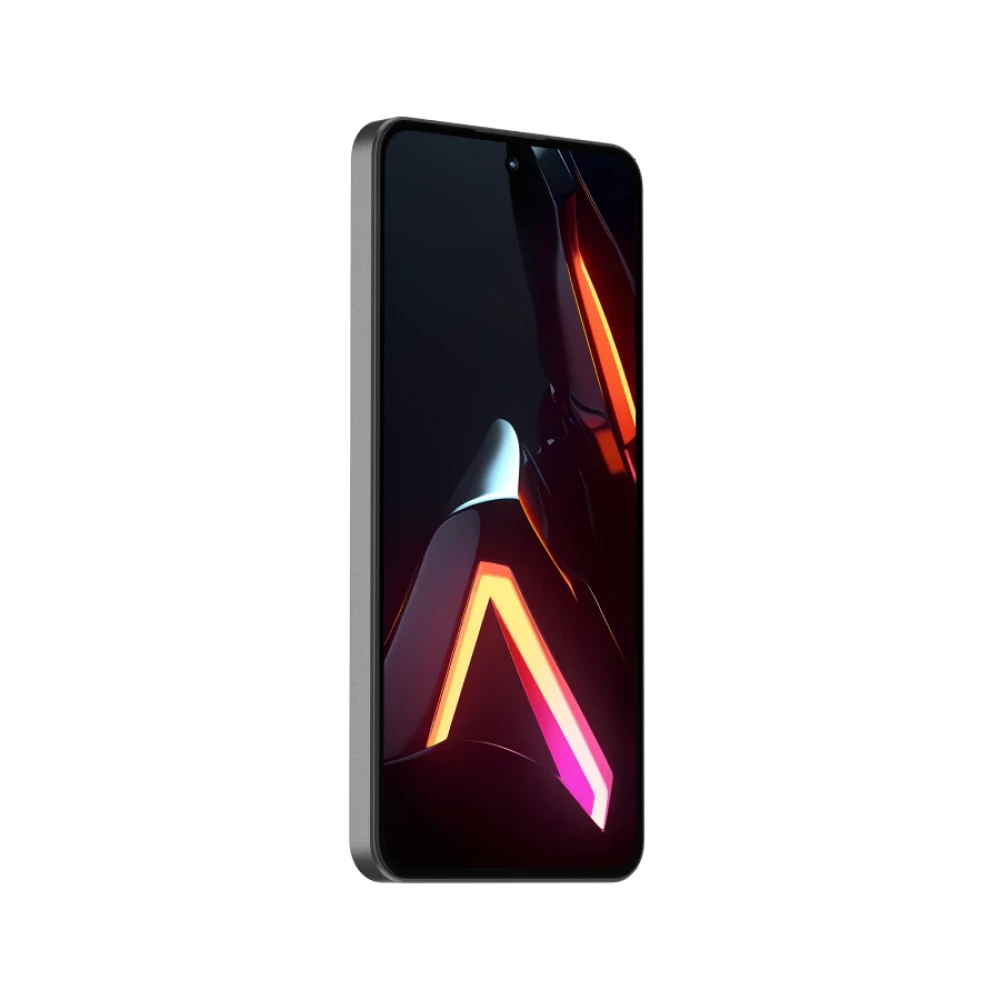 Uno smartphone che visualizza uno sfondo astratto scuro con forme arancioni e rosa luminose.