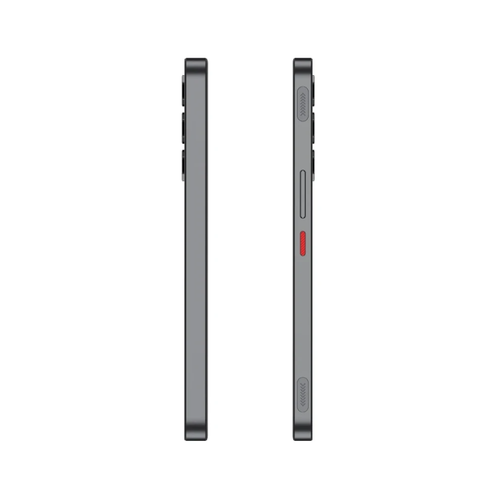 Due smartphone grigi uno accanto all'altro, che mostrano i loro bordi con pulsanti e texture.