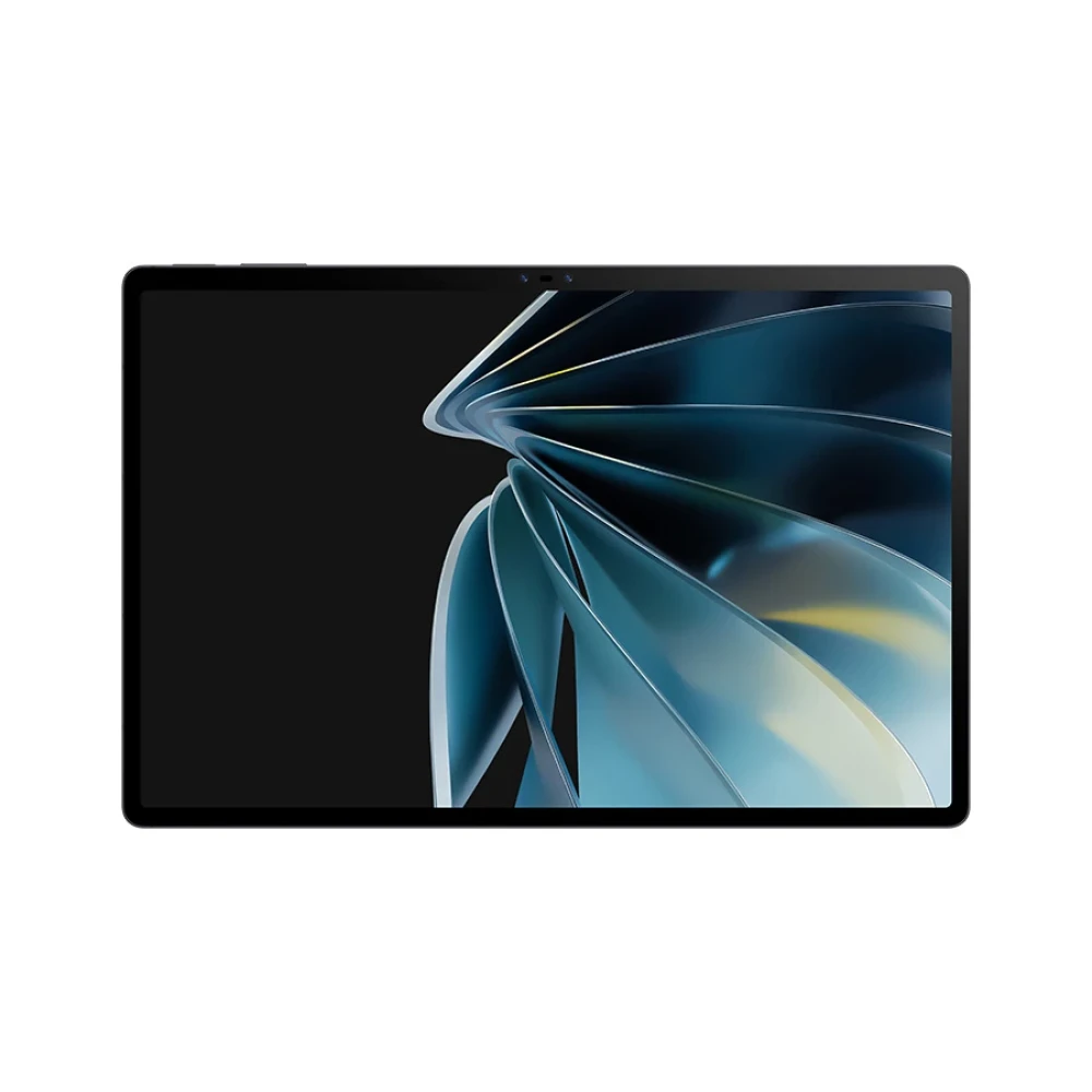 Un tablet nero con un motivo astratto blu e verde acqua sul display.