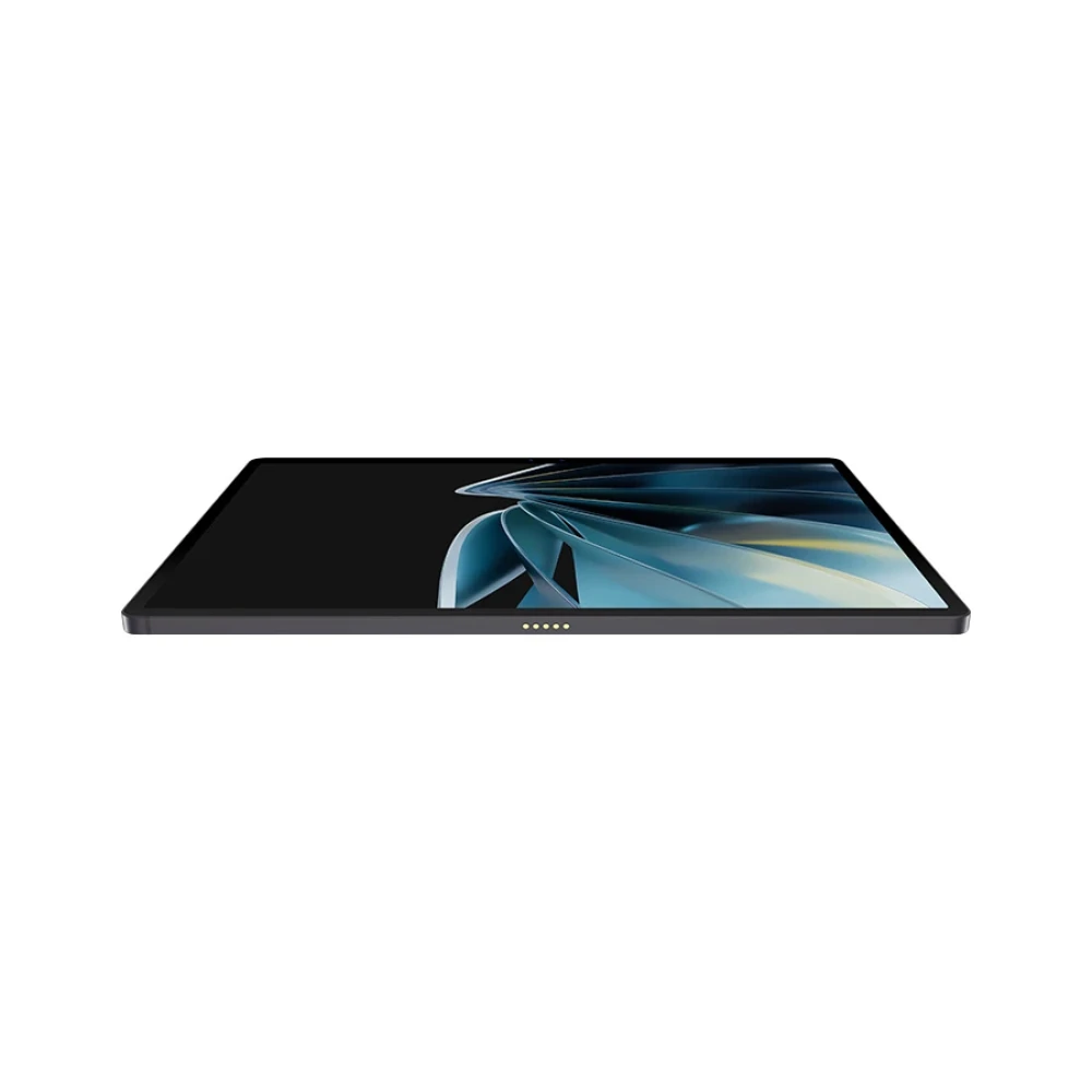 Un tablet scuro mostra uno sfondo astratto blu e bianco.
