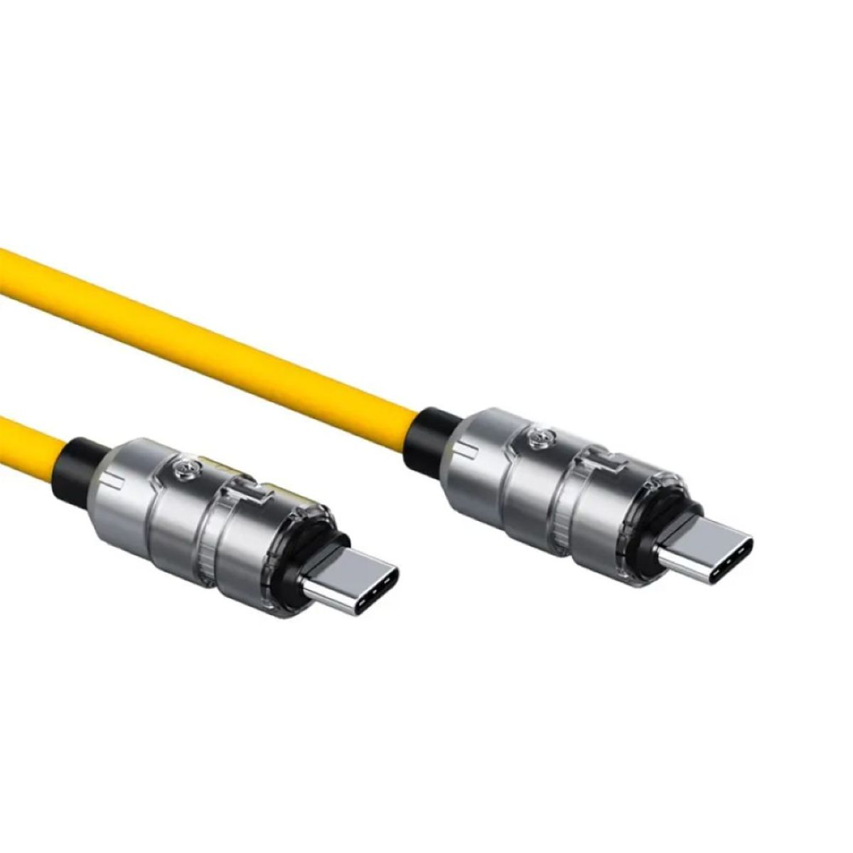 Żółty kabel USB-C ze srebrnymi złączami pokazany na białym tle.