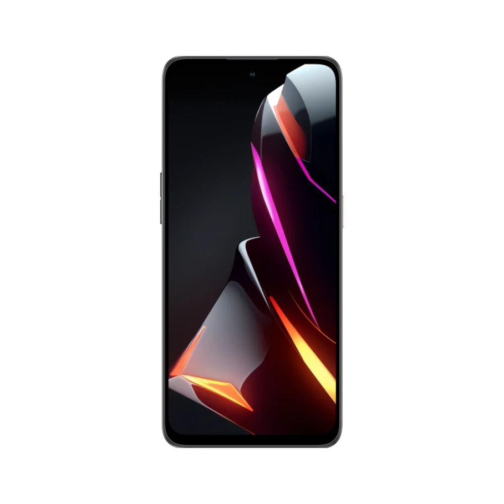 Smartfon wyświetlający ciemne, abstrakcyjne tło z efektami różowego i pomarańczowego światła.