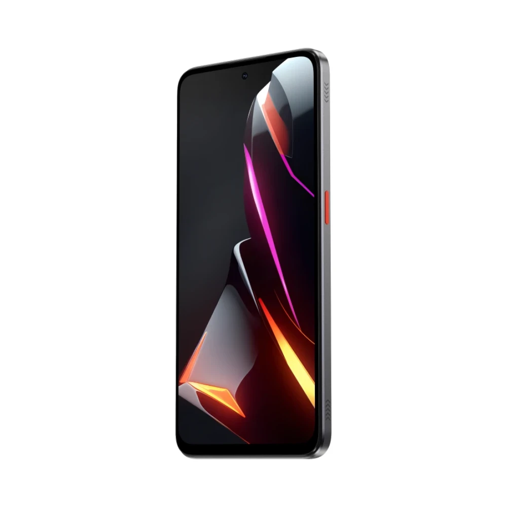 Ciemny smartfon z efektowną, kolorową abstrakcyjną grafiką tła.