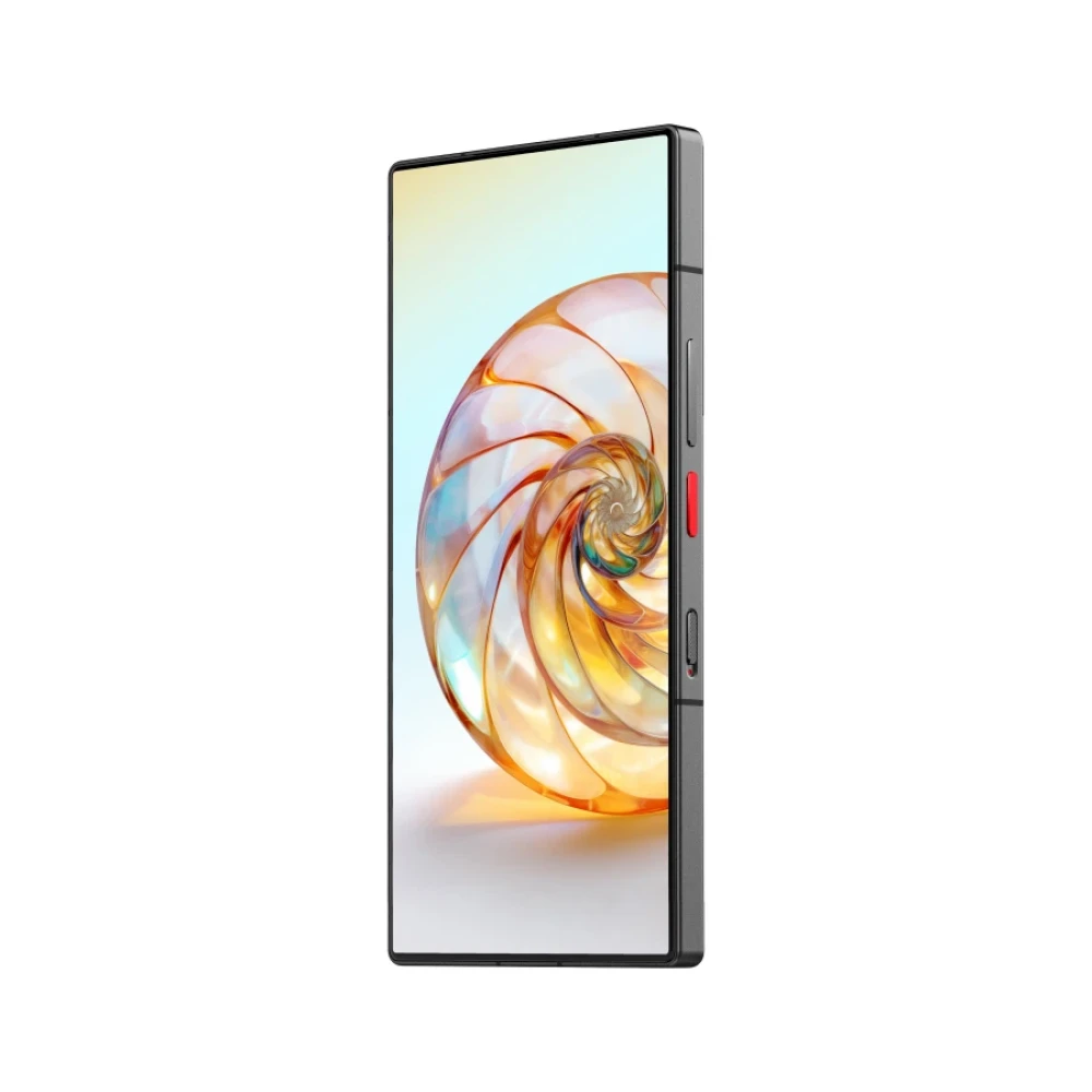 Smukły smartfon z tapetą muszli łodzika i czerwonym przyciskiem.