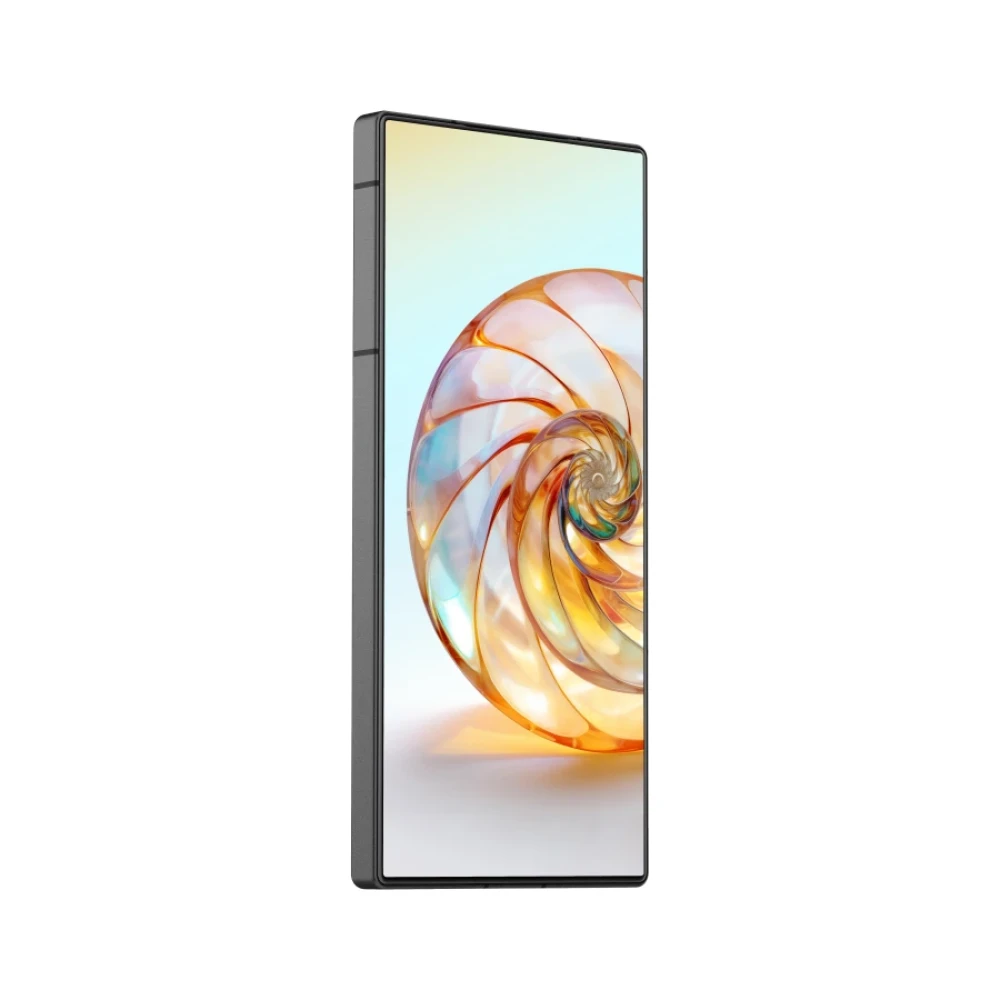 Elegancki, ciemny smartfon wyświetla na ekranie wzór spiralny.