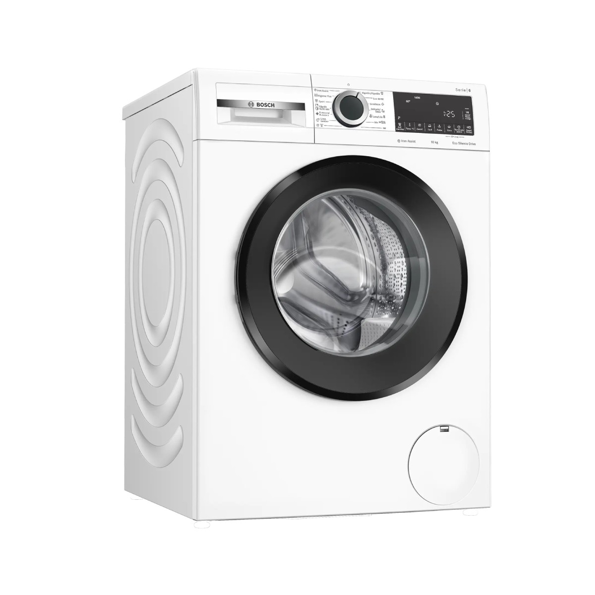 Lavadora blanca Bosch con puerta y panel de control negros.