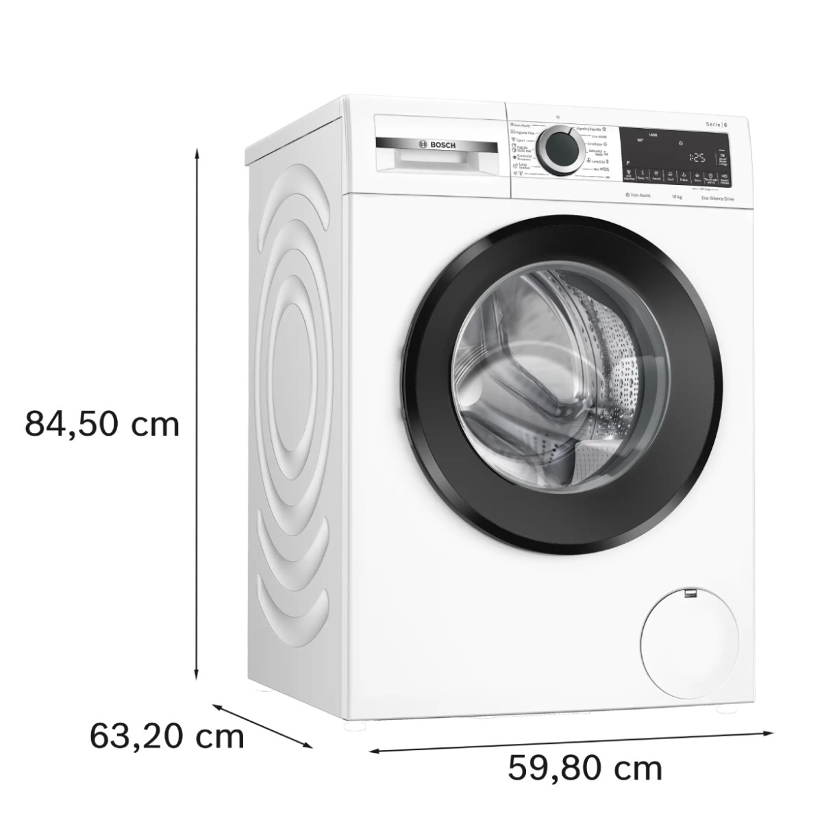 Lavadora Bosch blanca con puerta y pantalla negras. Dimensiones: 84,5 x 63,2 x 59,8 cm.