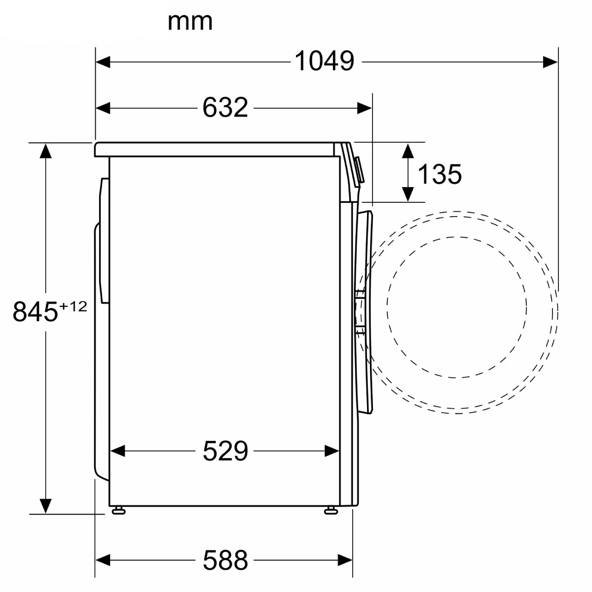 Dibujo técnico de una lavadora con dimensiones en mm.