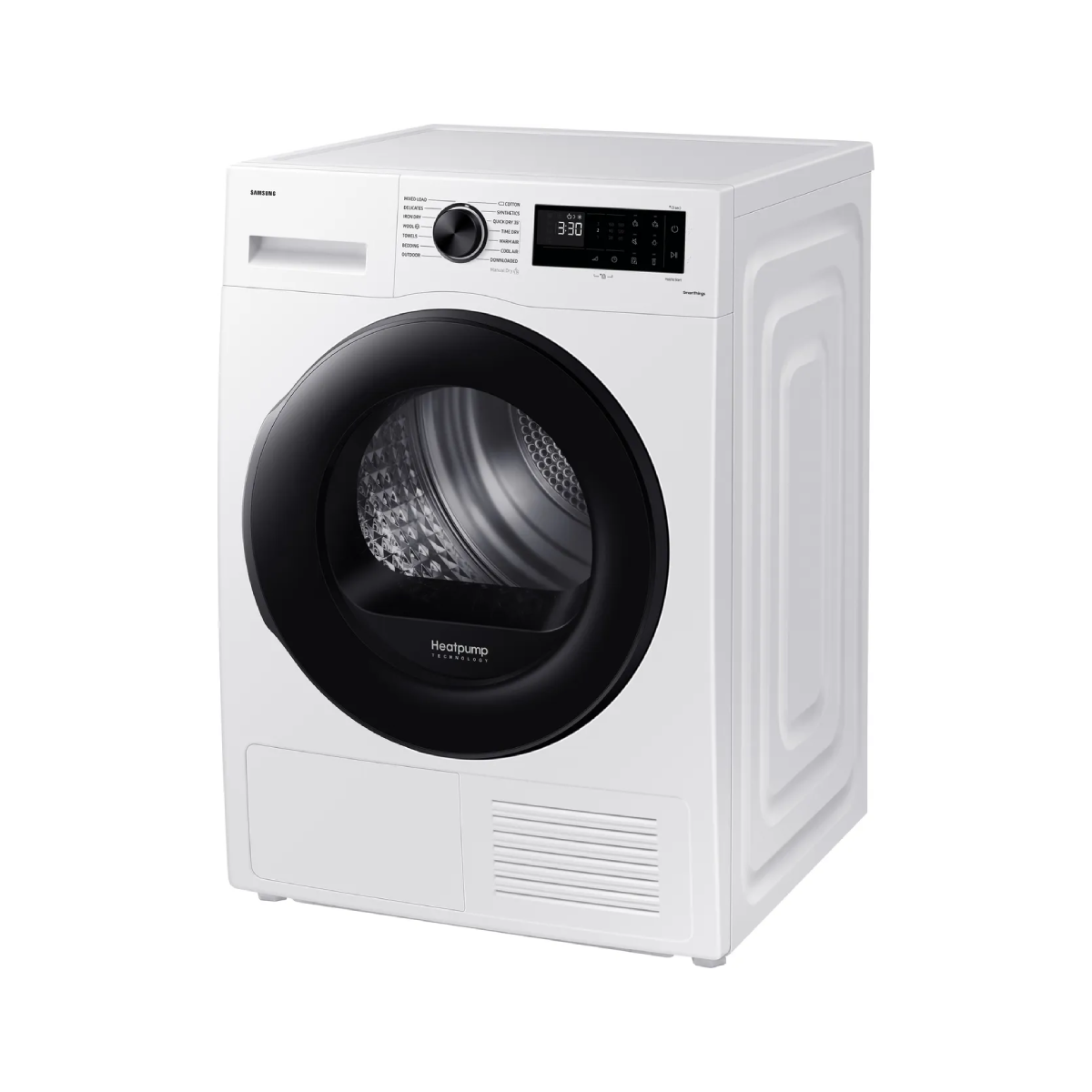 Una secadora blanca Samsung con bomba de calor, puerta negra y panel de control.