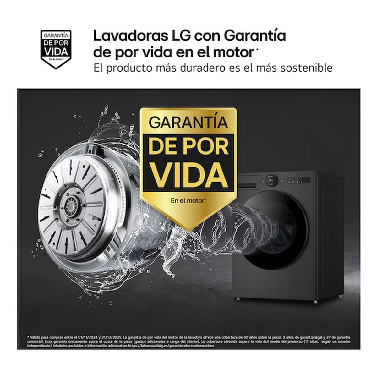 Lavatrice LG nera con garanzia a vita sul motore, con schizzi d'acqua e parte del motore.