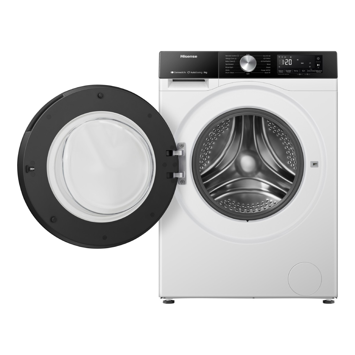 Eine weiße Hisense Waschmaschine mit offener Tür und Trommel sichtbar.