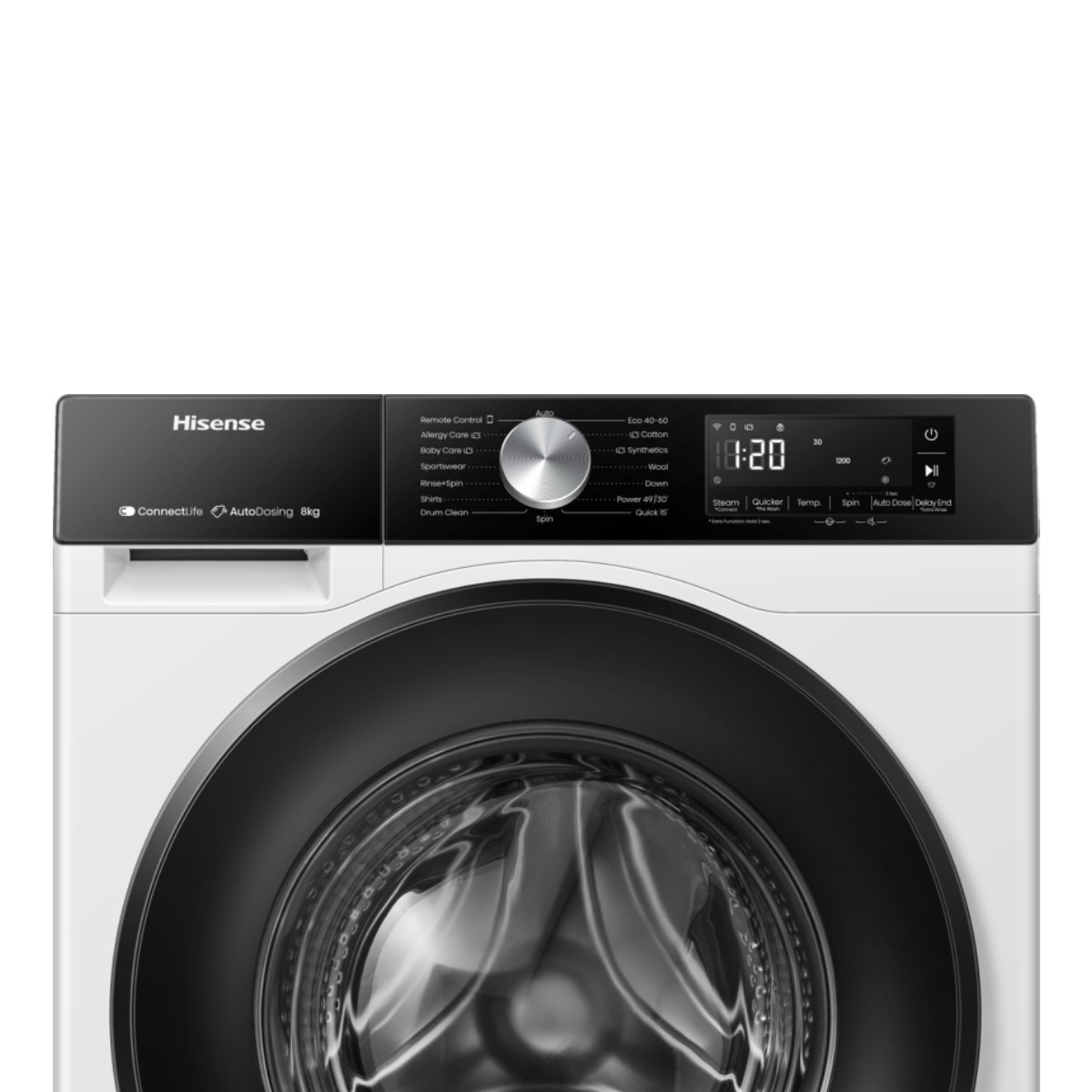 Detailansicht einer Hisense Waschmaschine mit Bedienfeld und Trommel.