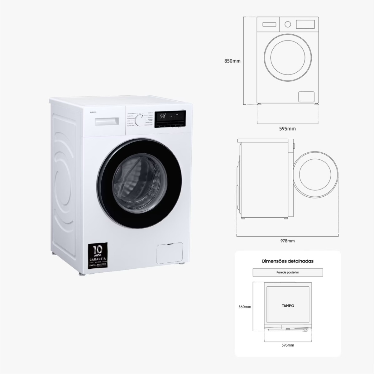 Lavatrice bianca a carica frontale con display digitale e schema dimensionale.