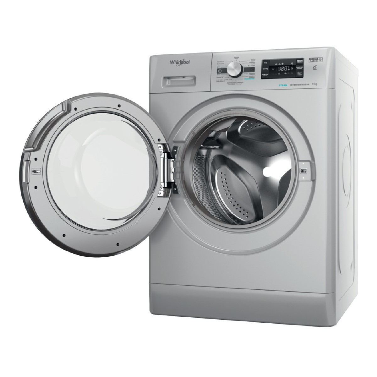 Una lavadora Whirlpool plateada con la puerta abierta, mostrando el tambor.