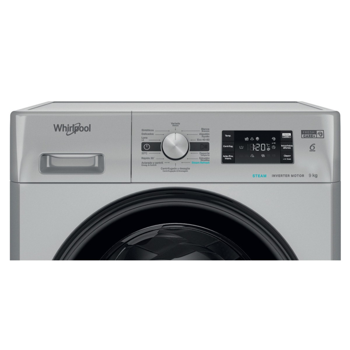 Lavadora Whirlpool plateada con panel de control y puerta. Muestra programas y hora.