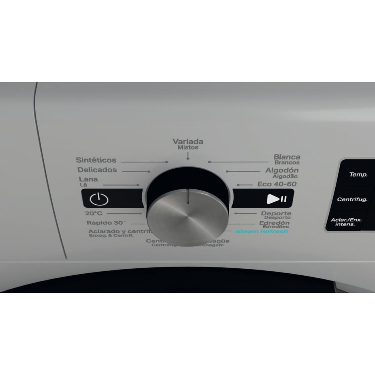 Panel de control de lavadora con dial y símbolos para varios programas.