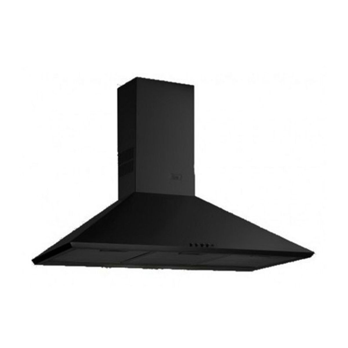 Una campana extractora negra con diseño inclinado y chimenea rectangular.