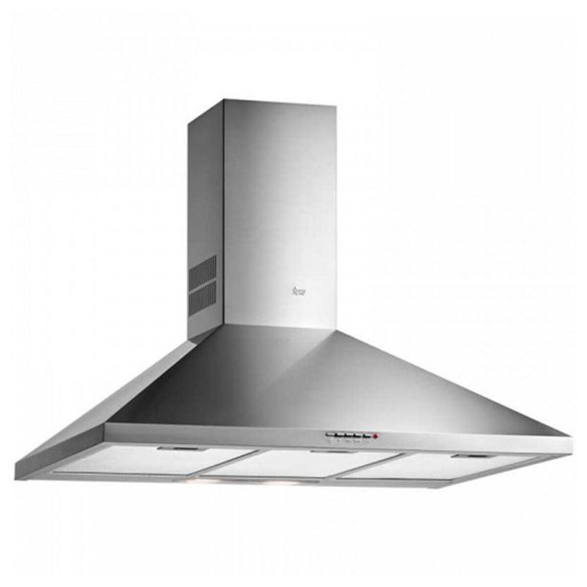 Una campana extractora plateada con chimenea rectangular y área de filtro ancha.