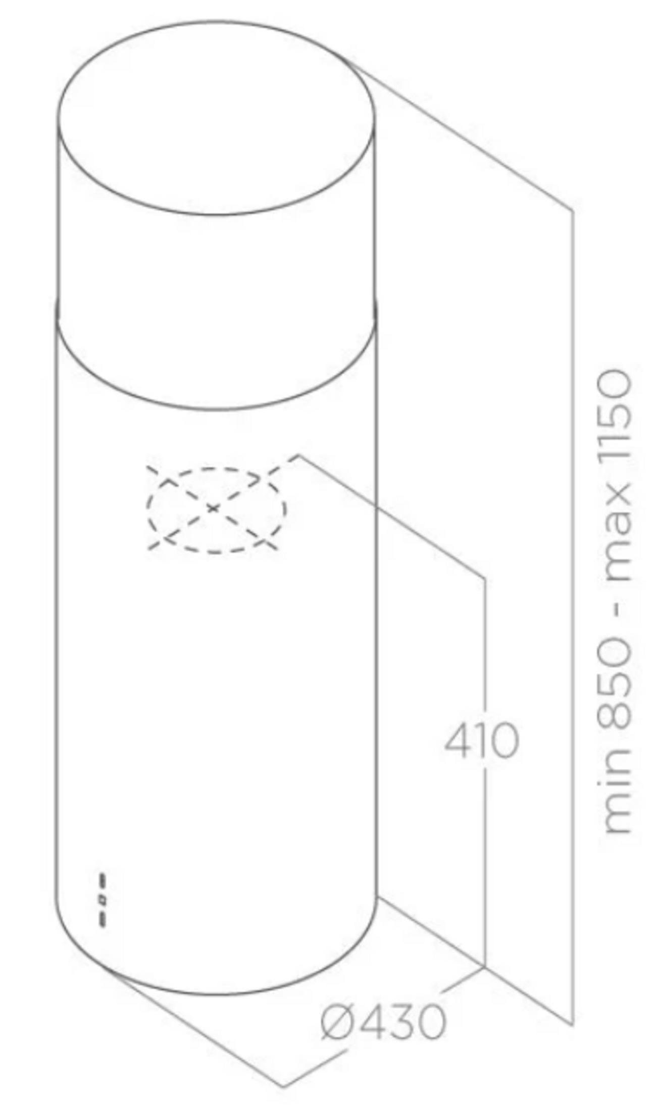 Disegno tecnico di una cappa aspirante cilindrica con dimensioni.