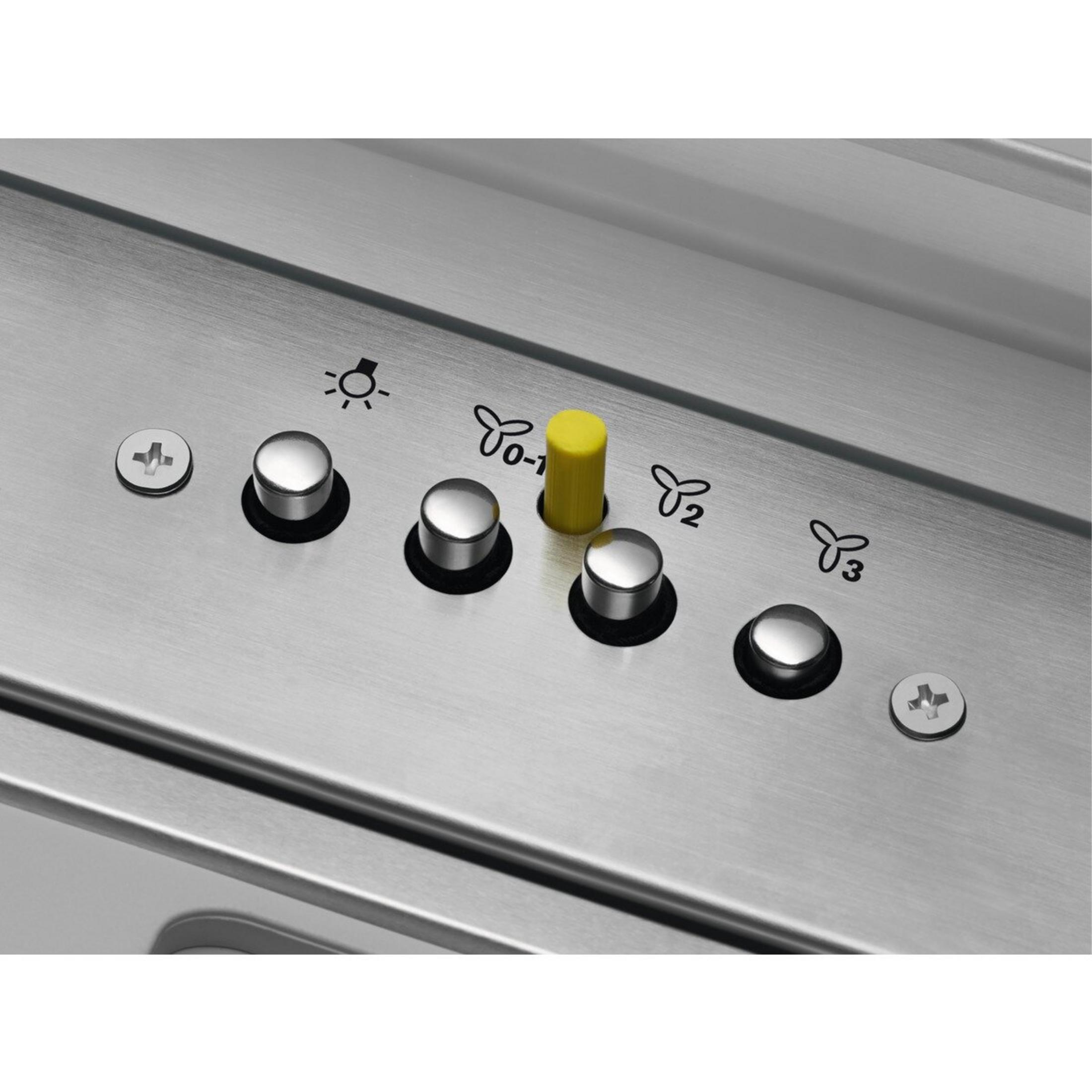 Metalloberfläche mit Bedienelementen: Licht, Lüfterstufen 0-1, 2, 3 und Schrauben.